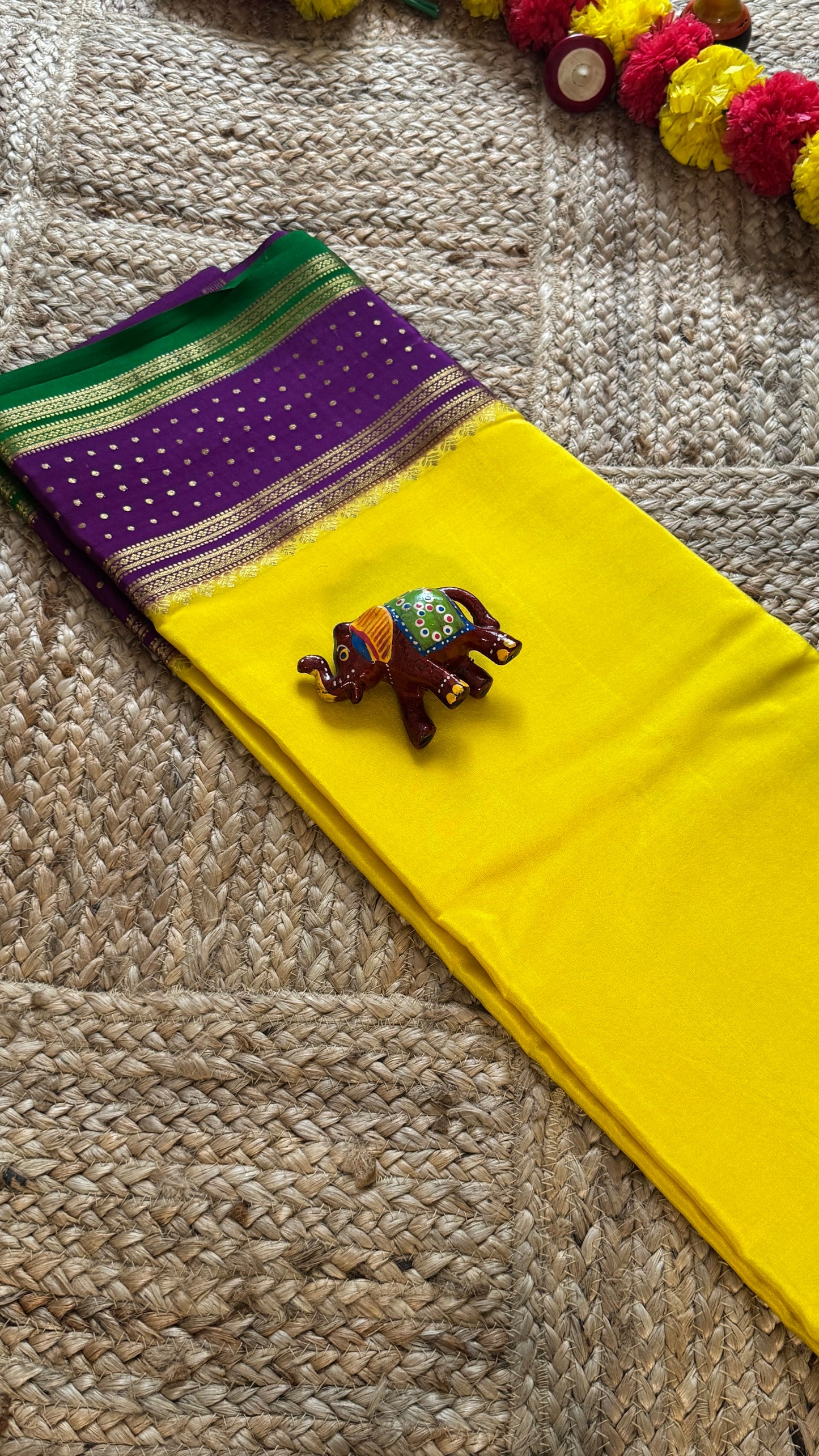 5.Pure Mysore Silk Saree - Boarder Lines Yellow Purple and Green