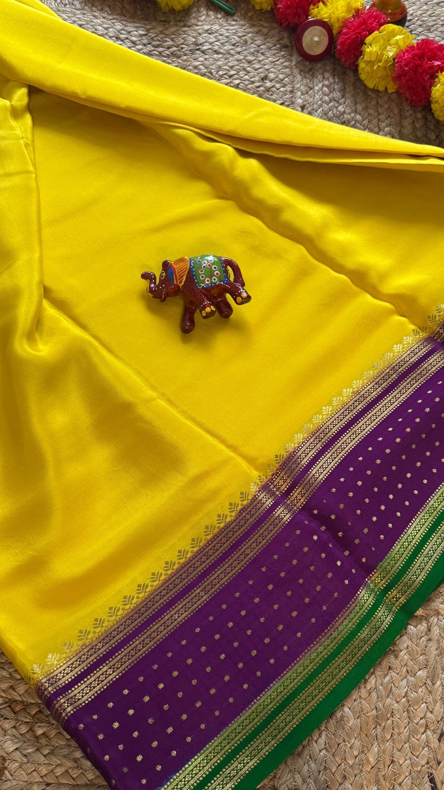 5.Pure Mysore Silk Saree - Boarder Lines Yellow Purple and Green