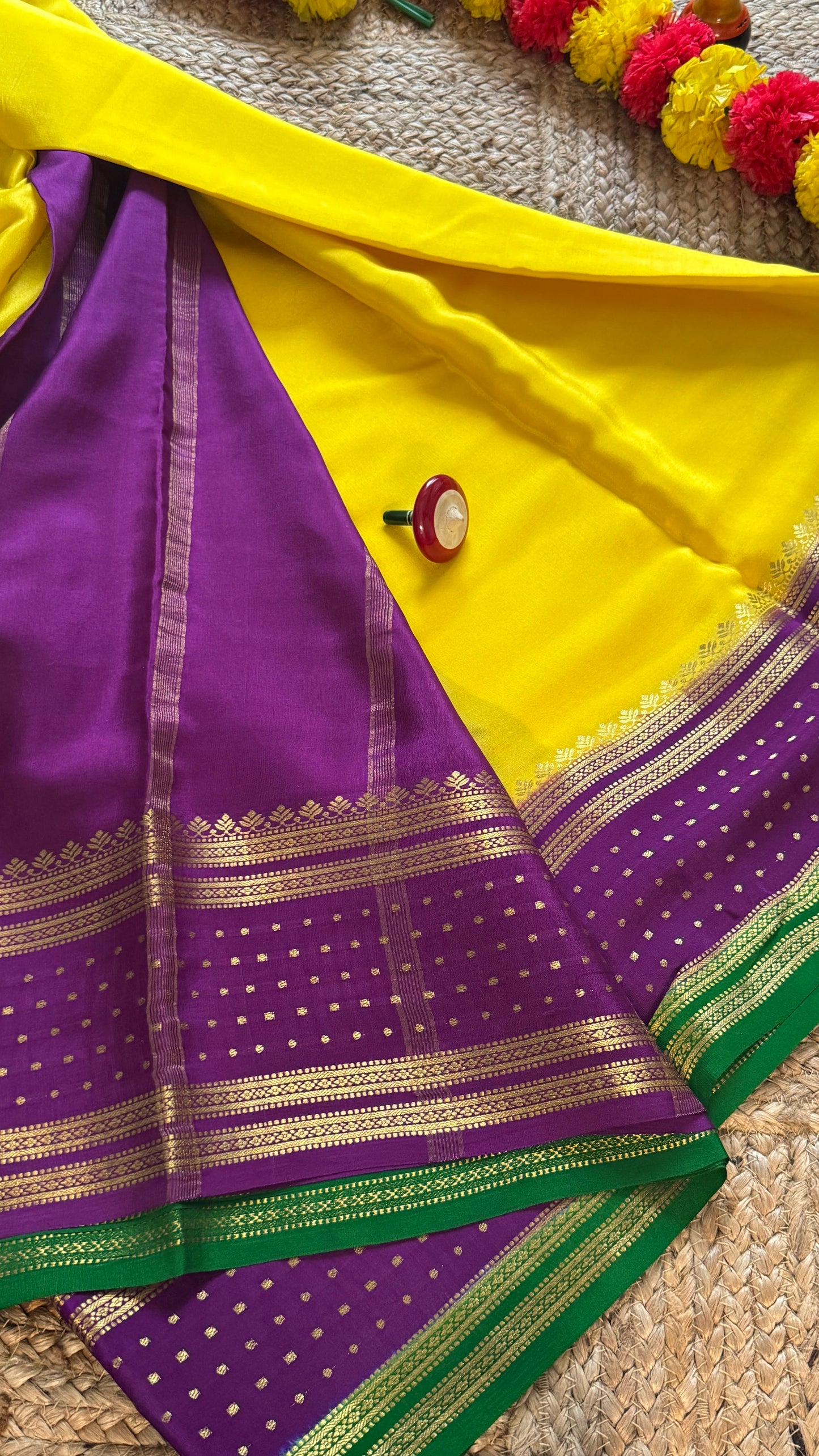 5.Pure Mysore Silk Saree - Boarder Lines Yellow Purple and Green