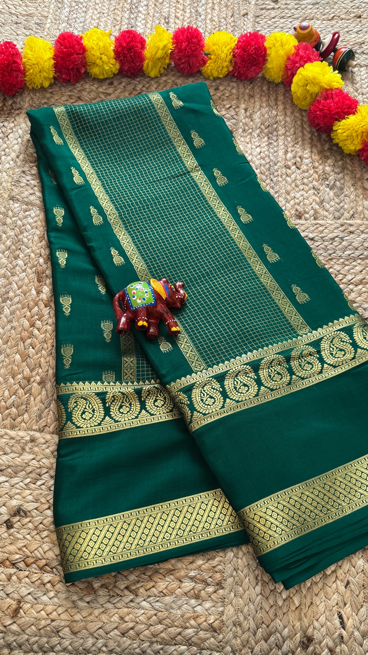Pure Mysore Silk Saree - Jhumka Zari Solid Green