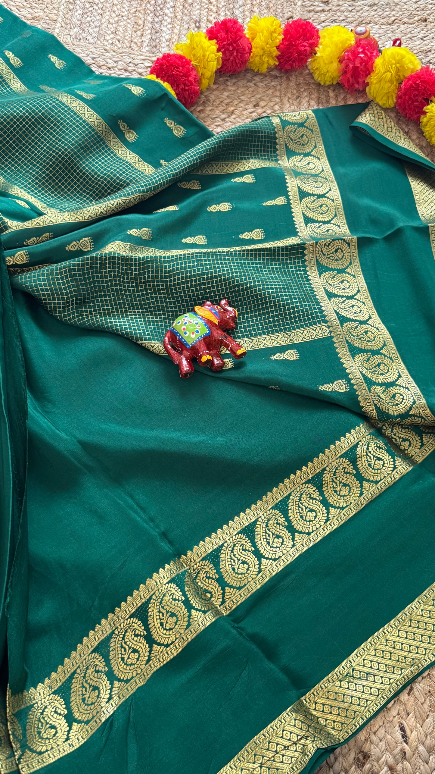 Pure Mysore Silk Saree - Jhumka Zari Solid Green