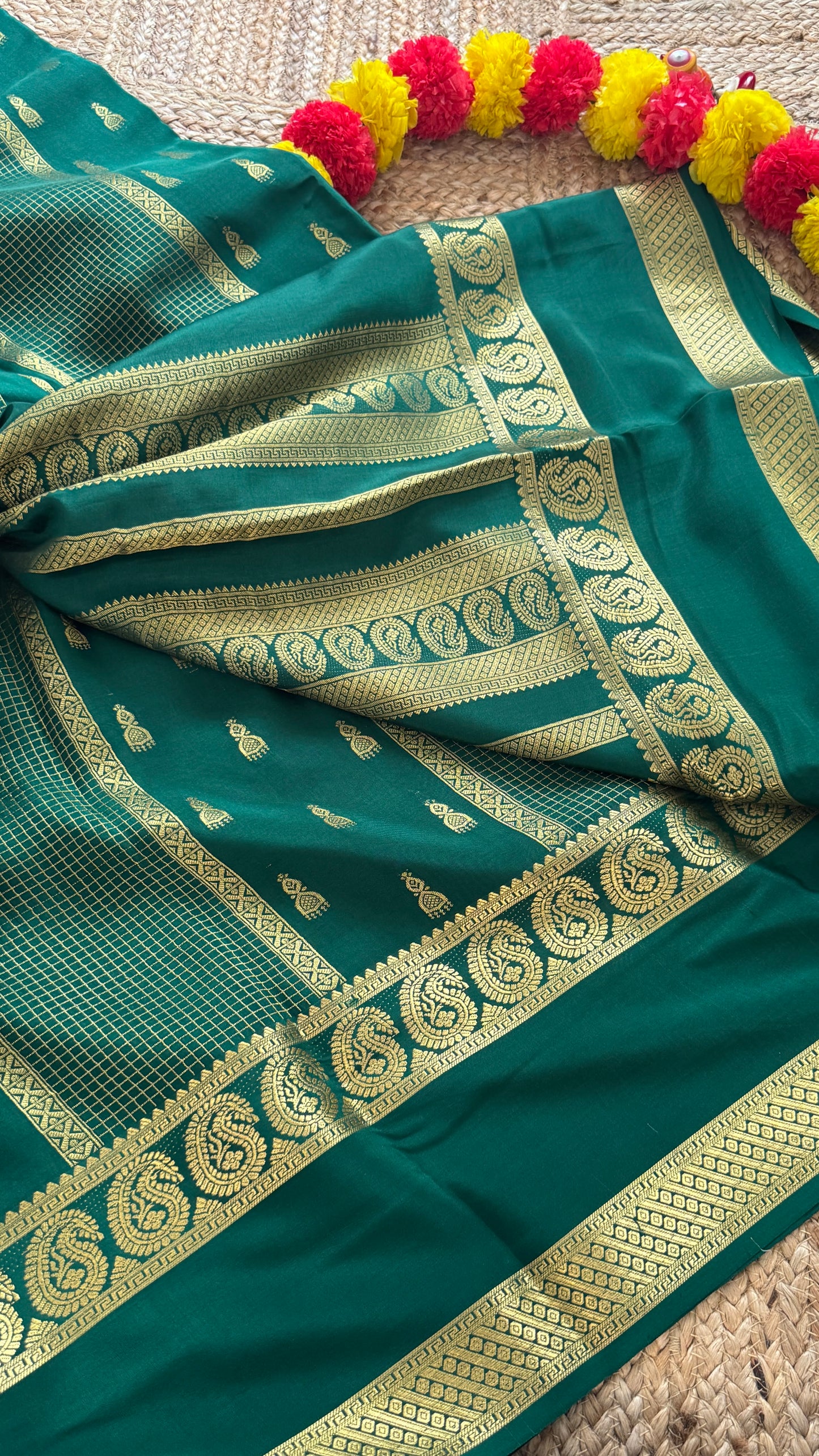 Pure Mysore Silk Saree - Jhumka Zari Solid Green