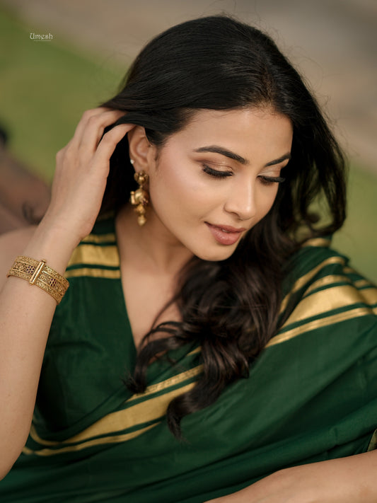 Pure Mysore Silk Saree - 4 Lines Dark Green