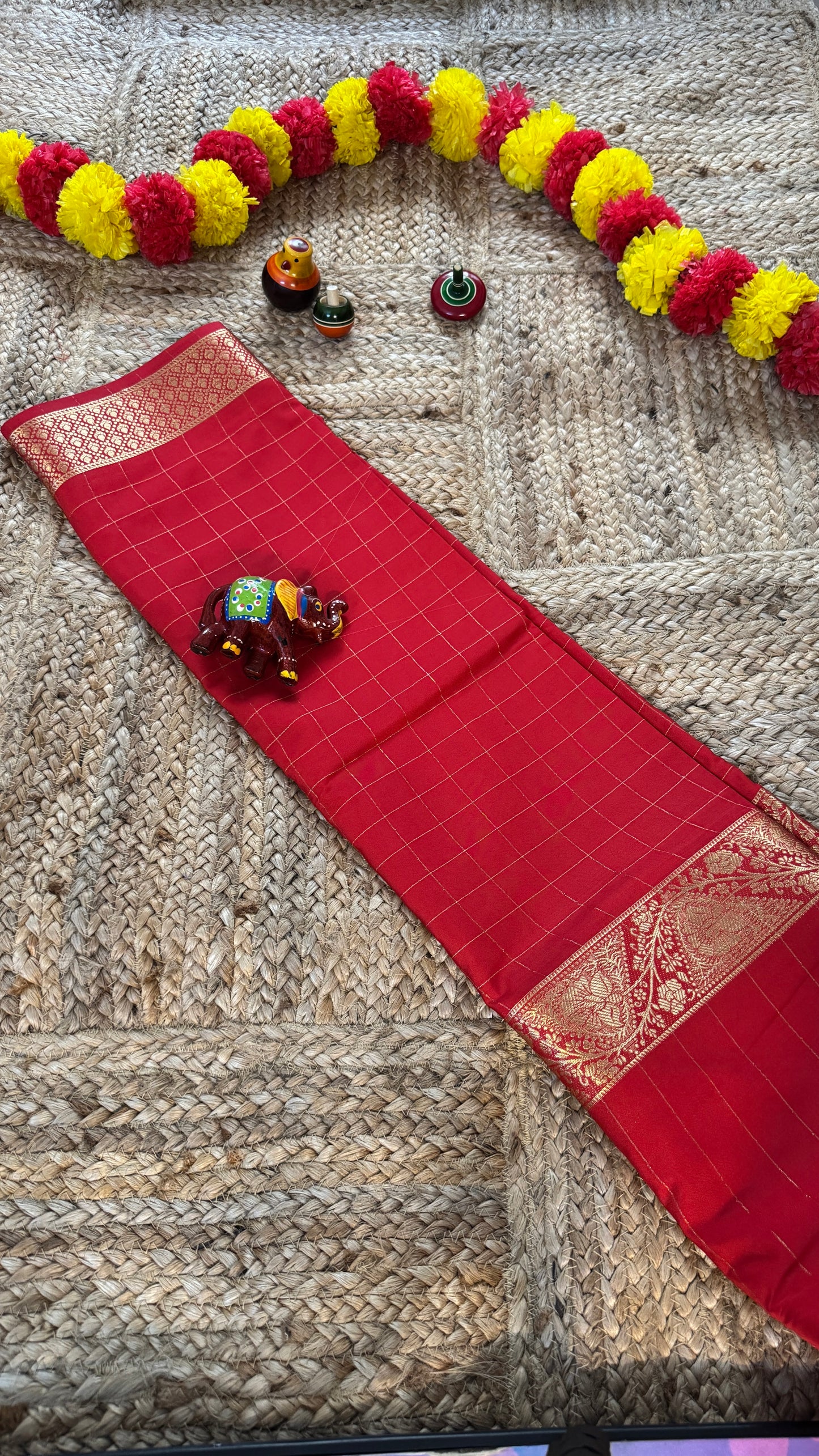 Semi Silk Solid Red with Checks