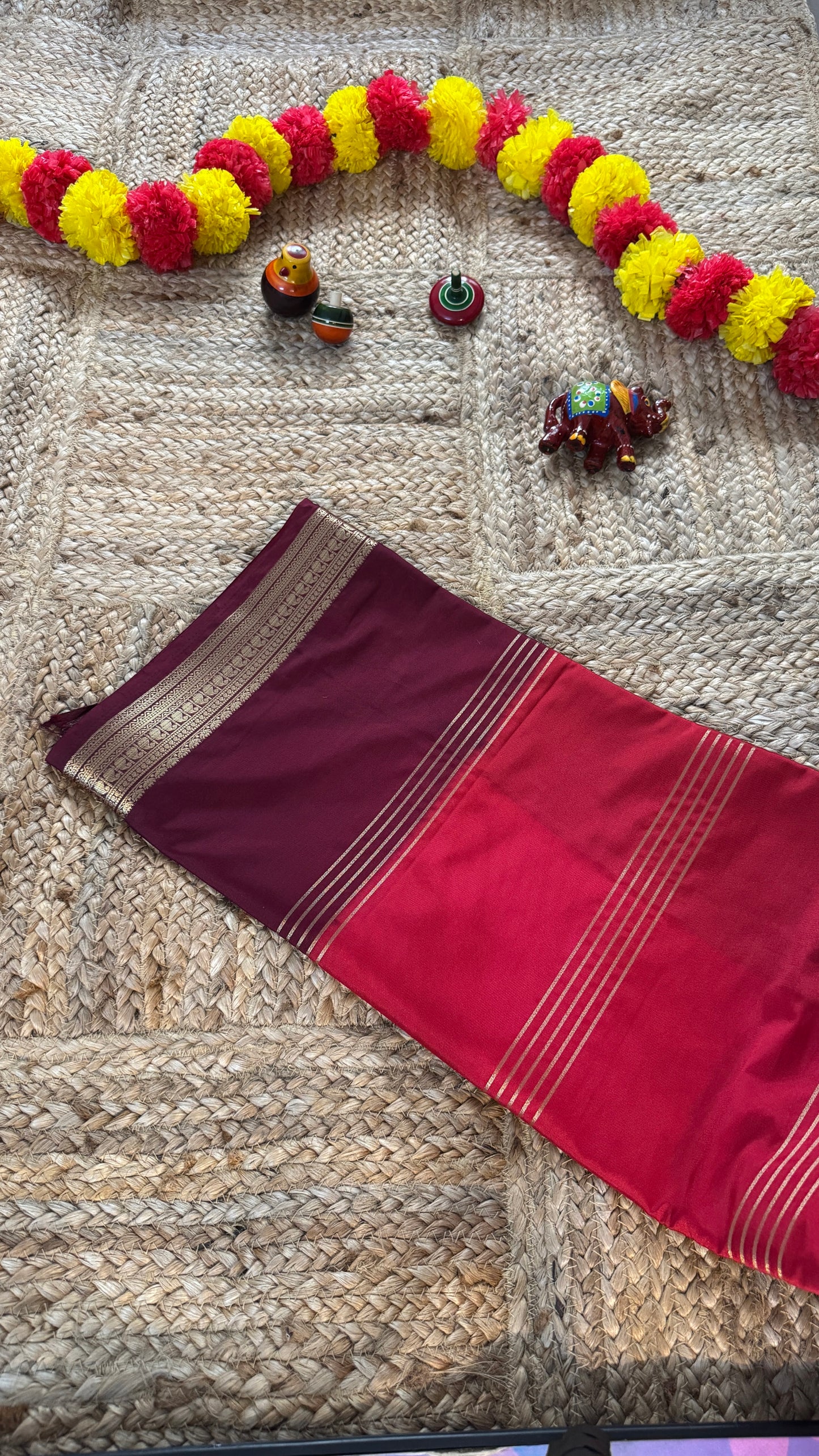 Semi Silk Saree - Red and Maroon