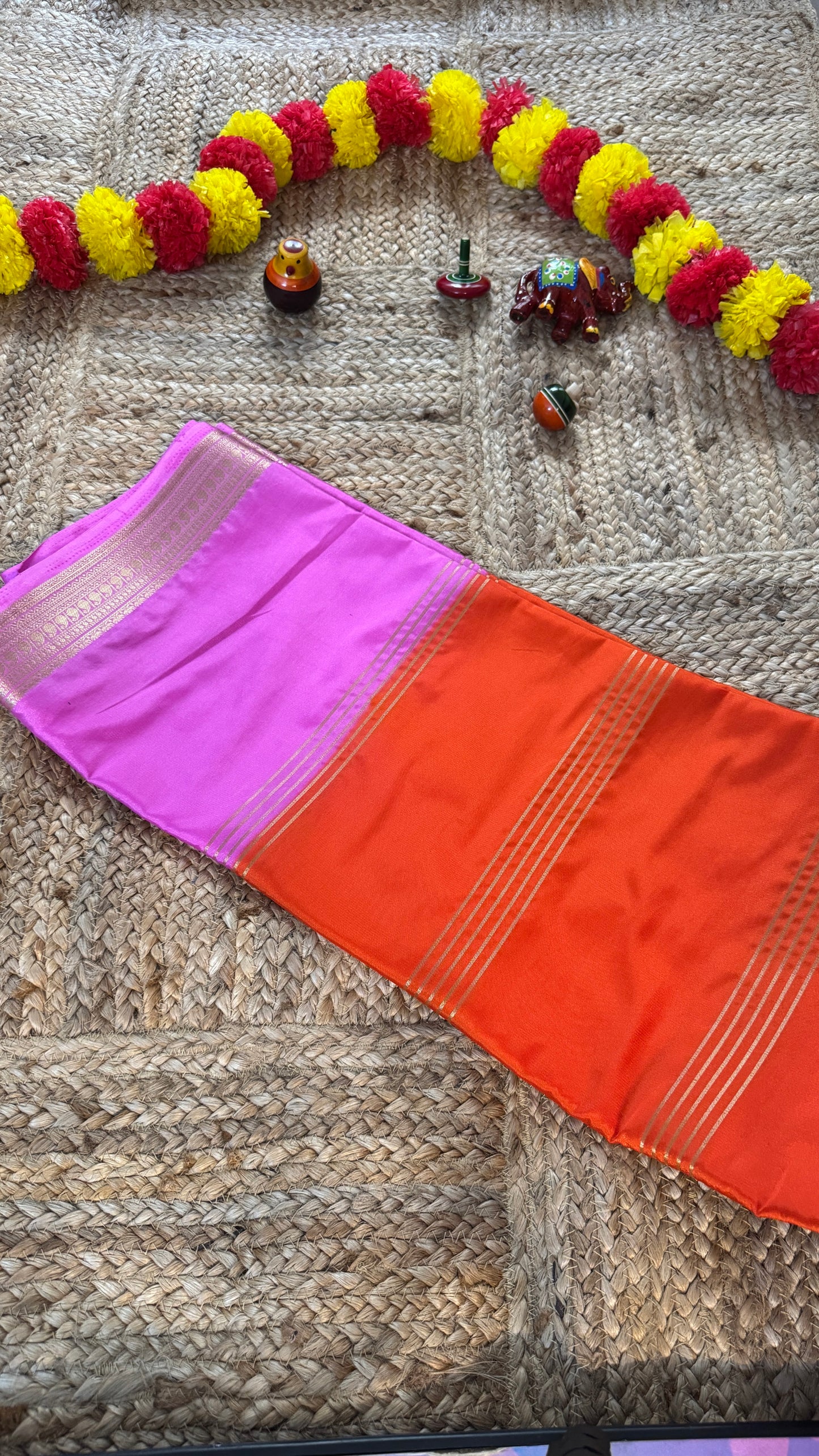Semi Silk Saree - Orange and Pink bentex