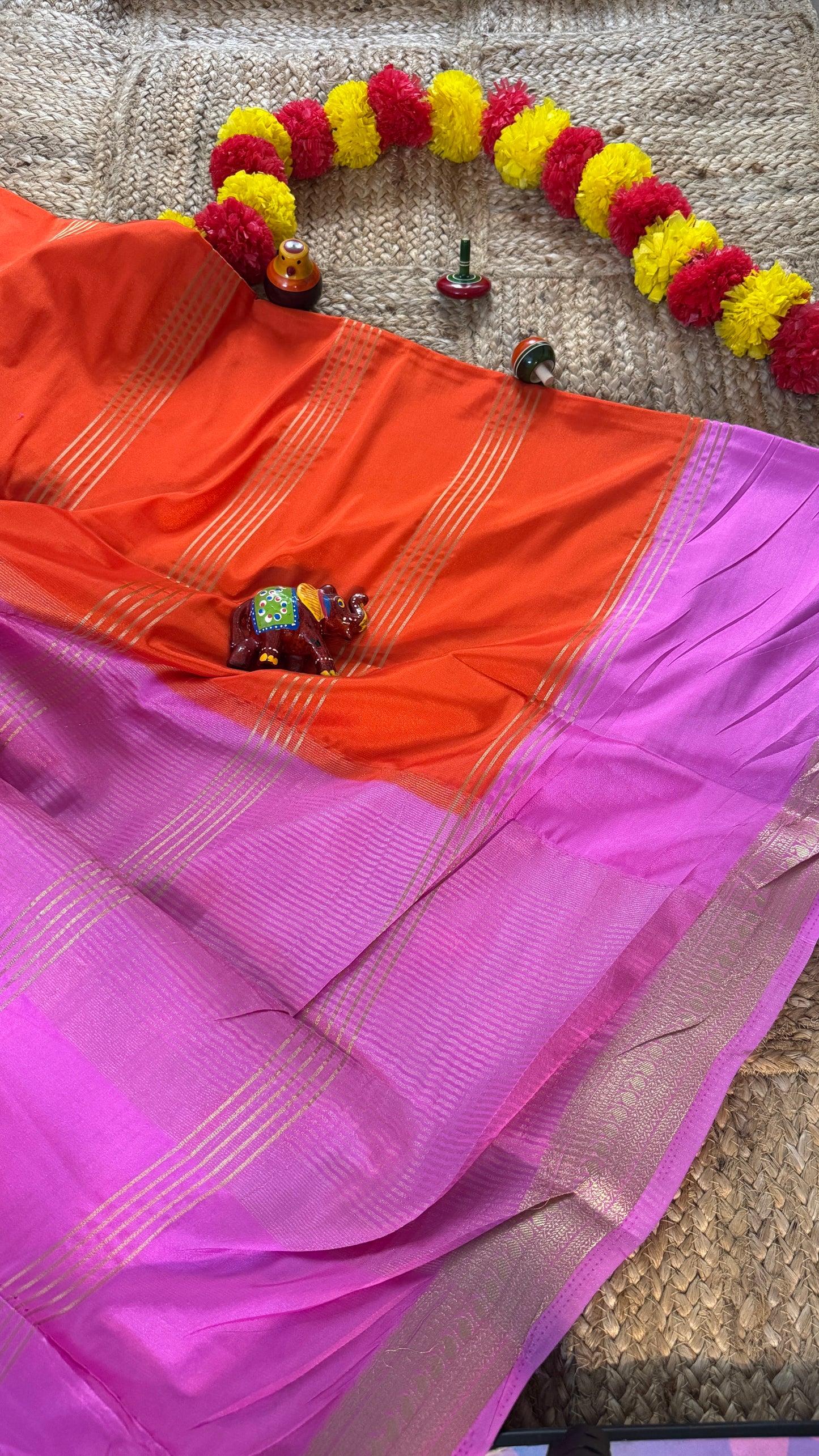 Semi Silk Saree - Orange and Pink bentex