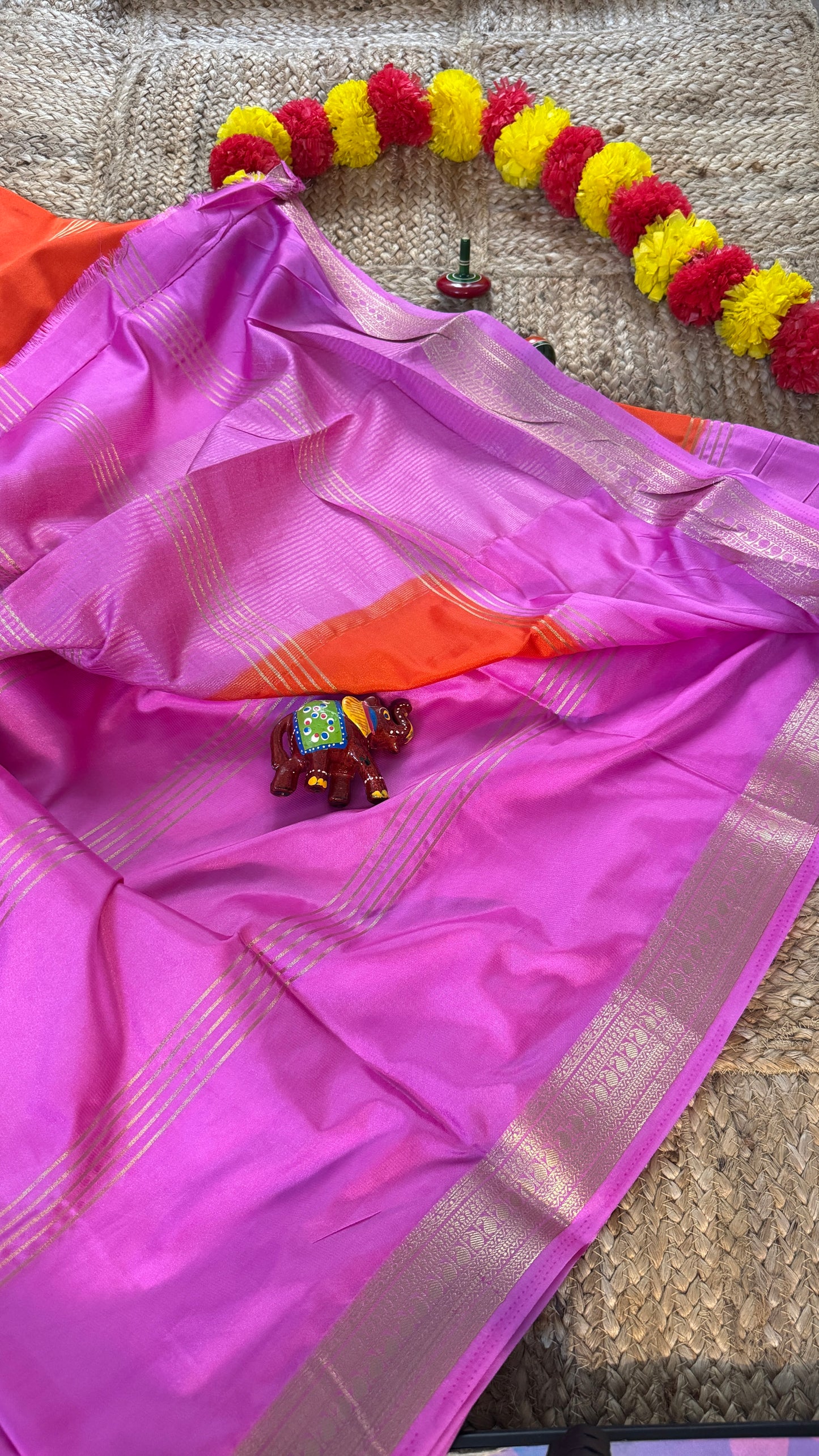 Semi Silk Saree - Orange and Pink bentex