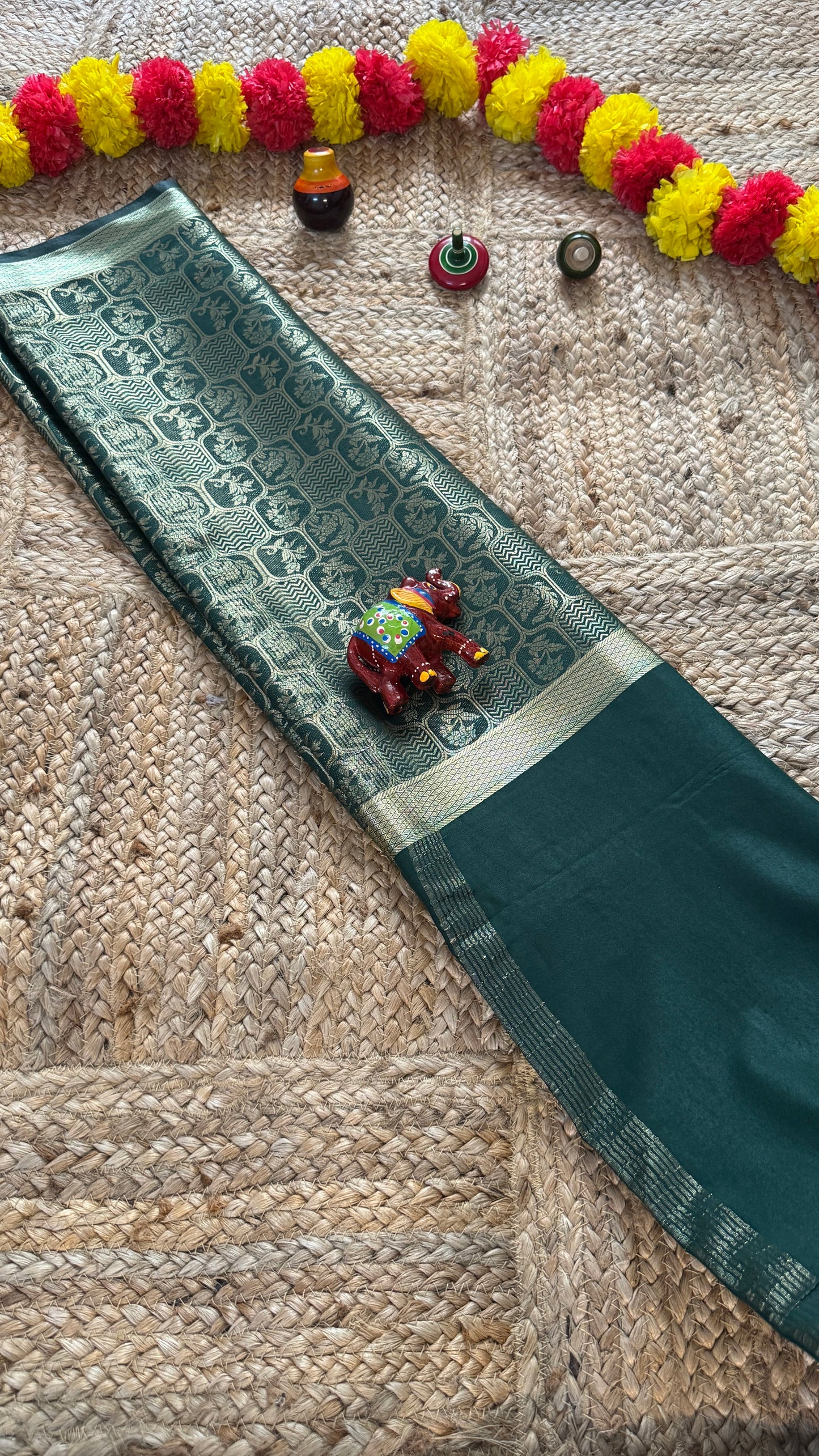 Semi Silk Brocade Half and Half Green