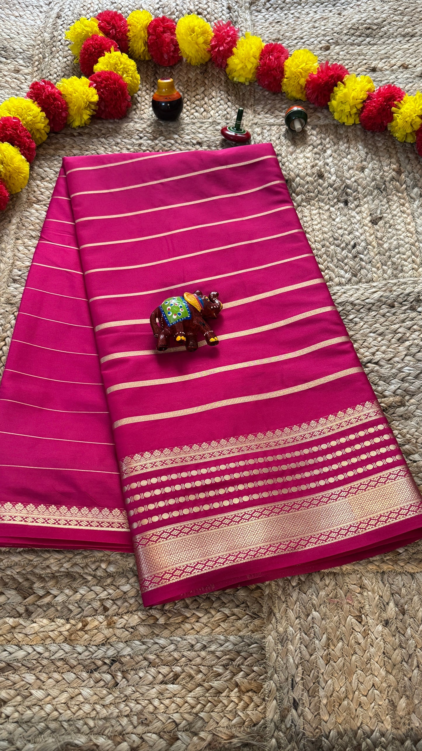 Semi Silk Saree - Solid Pink with lines