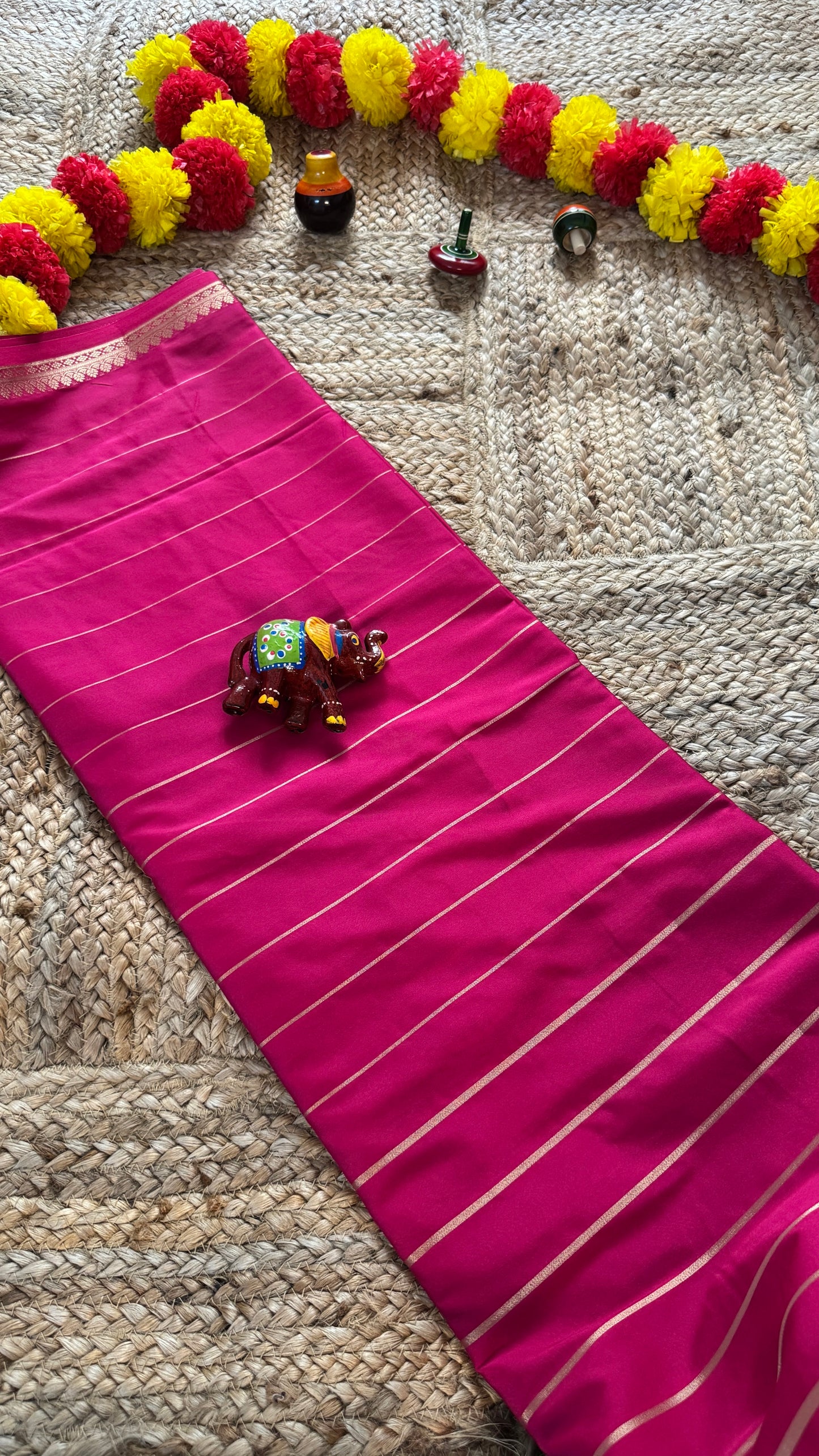 Semi Silk Saree - Solid Pink with lines