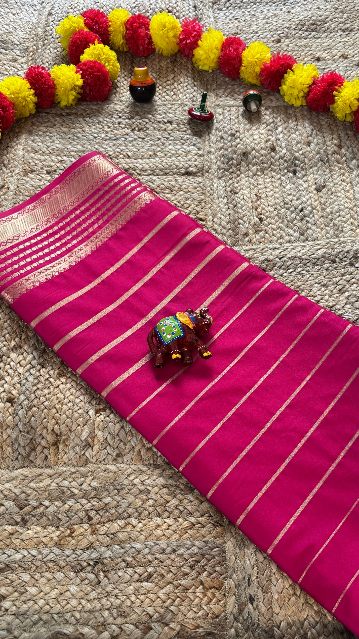 Semi Silk Saree - Solid Pink with lines