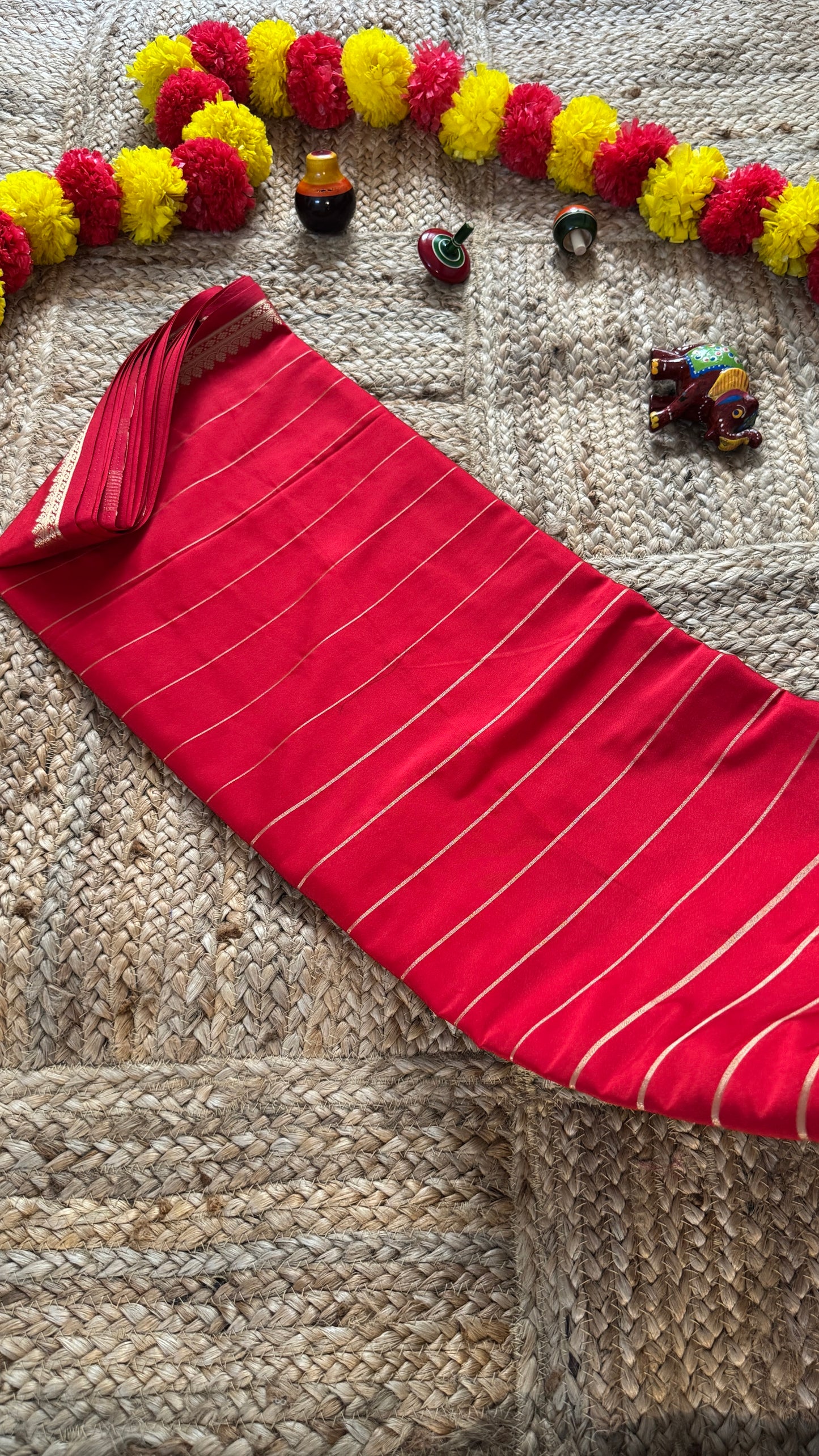 Semi Silk Saree - Solid Red with lines