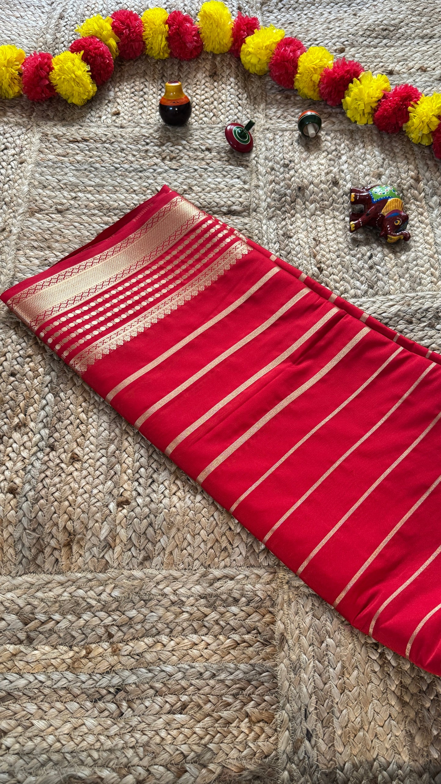 Semi Silk Saree - Solid Red with lines
