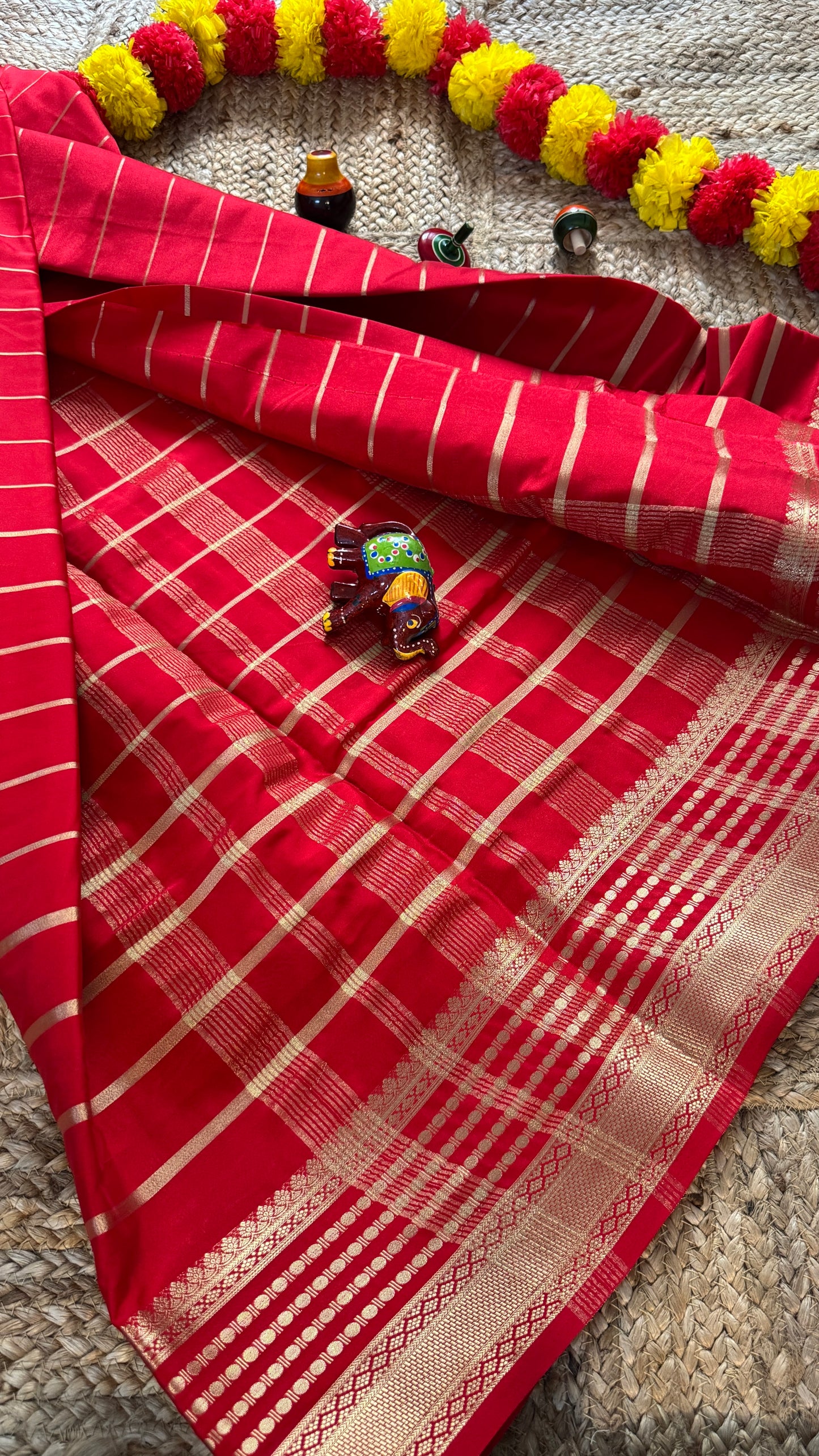 Semi Silk Saree - Solid Red with lines