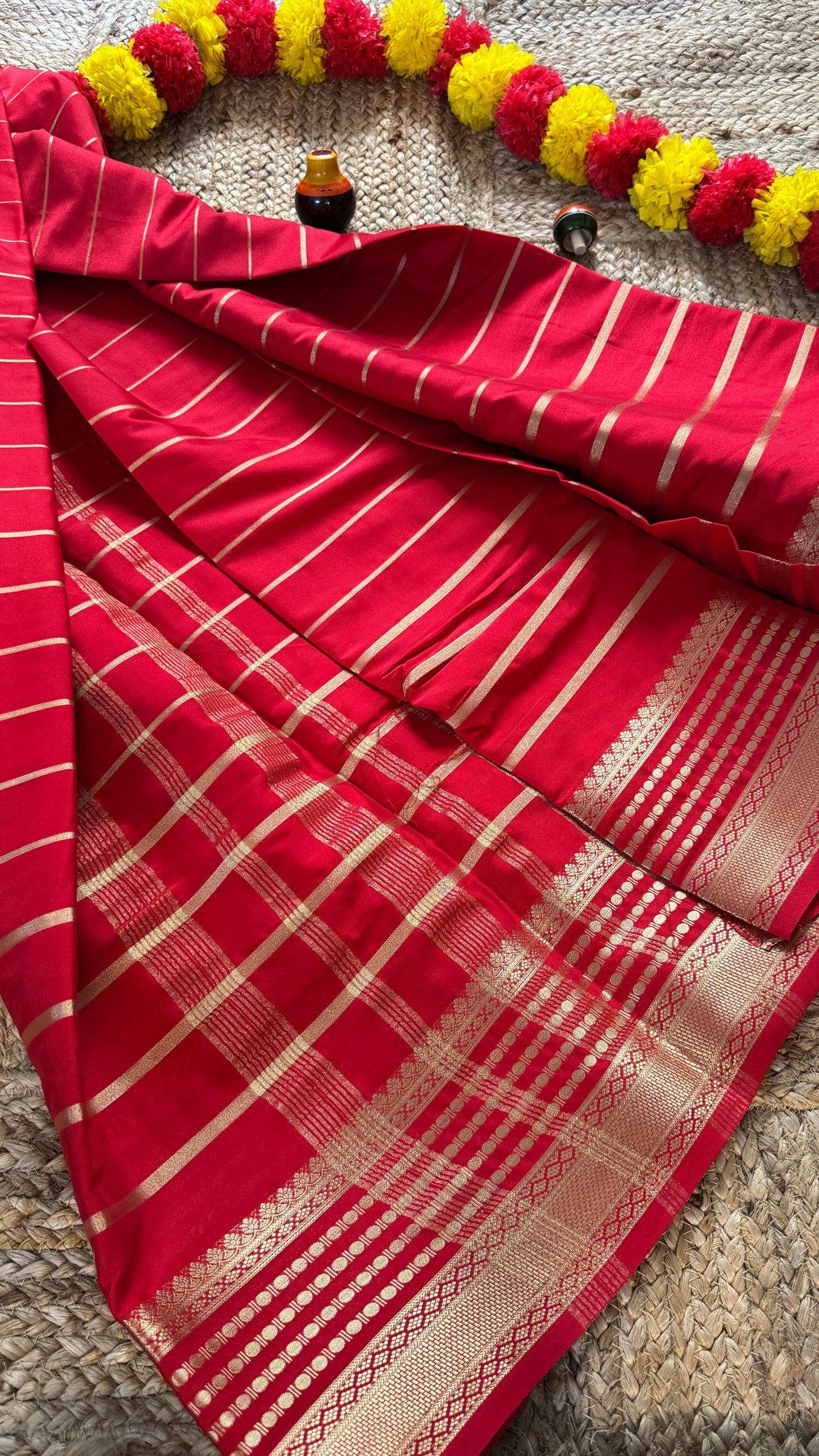 Semi Silk Saree - Solid Red with lines