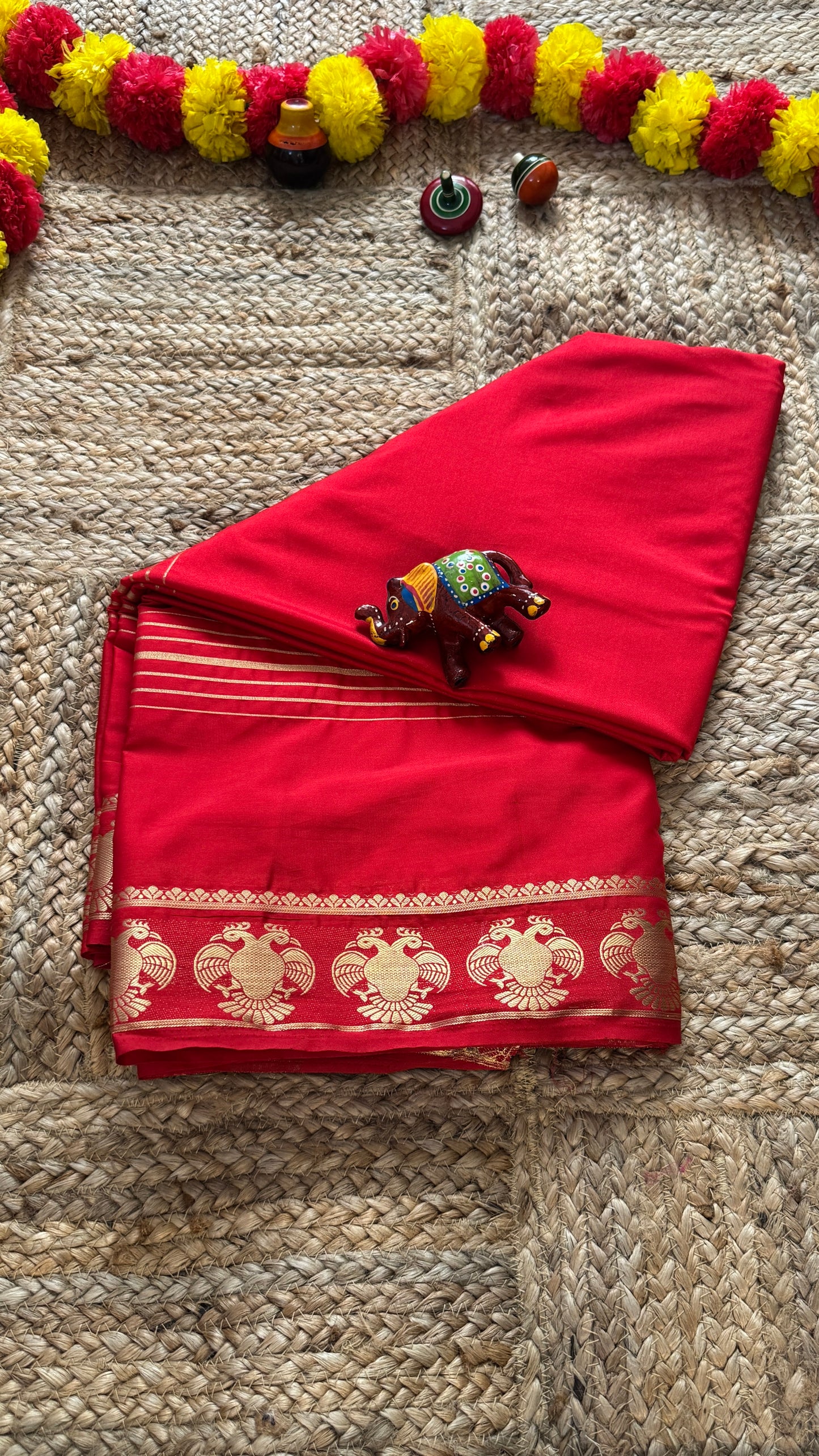 Semi Silk Saree - Solid Red with GandaBerunda Boarder