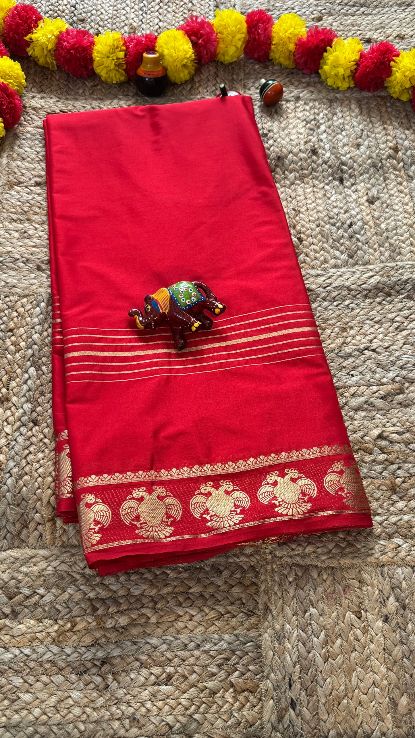 Semi Silk Saree - Solid Red with GandaBerunda Boarder