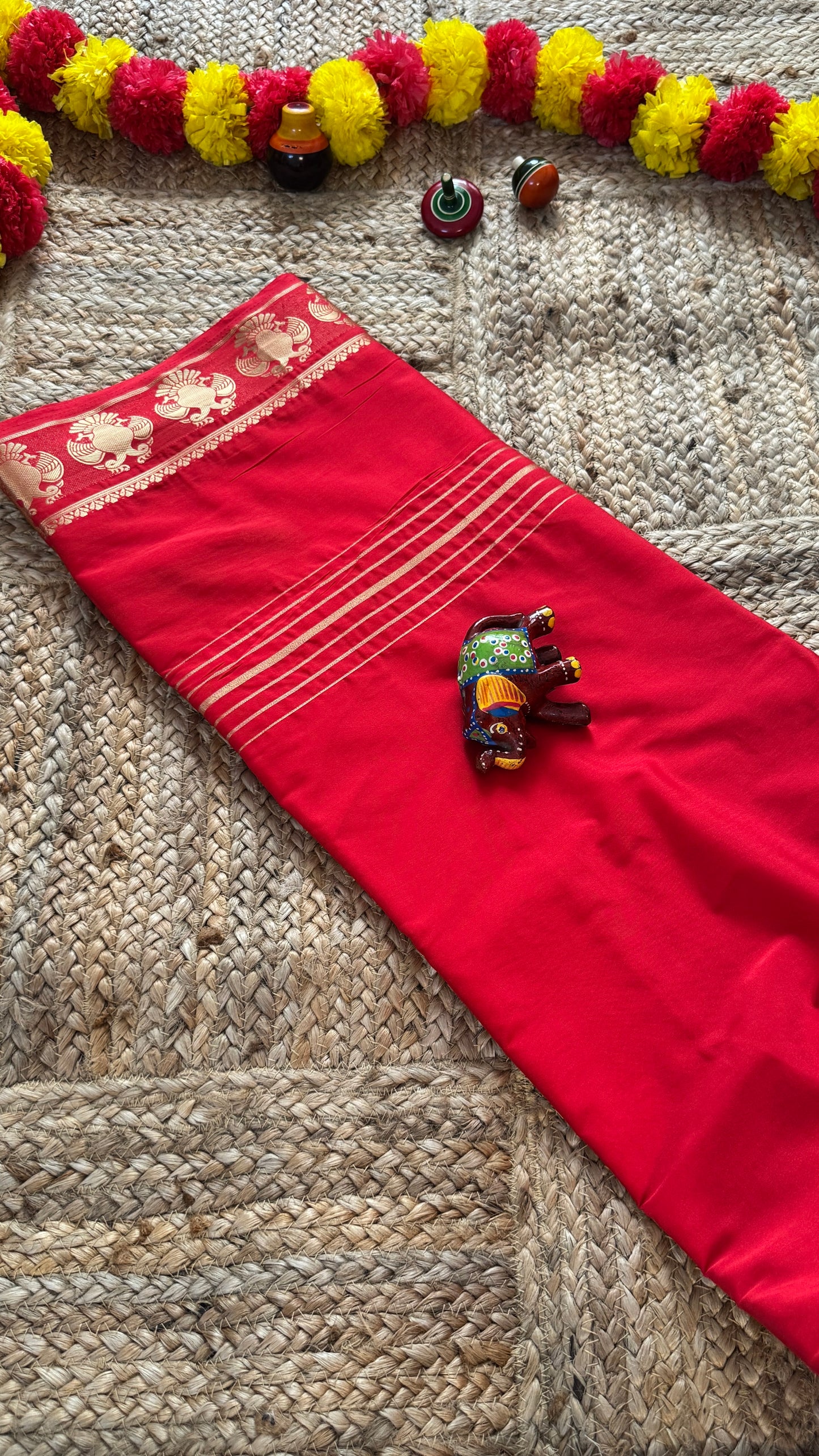 Semi Silk Saree - Solid Red with GandaBerunda Boarder