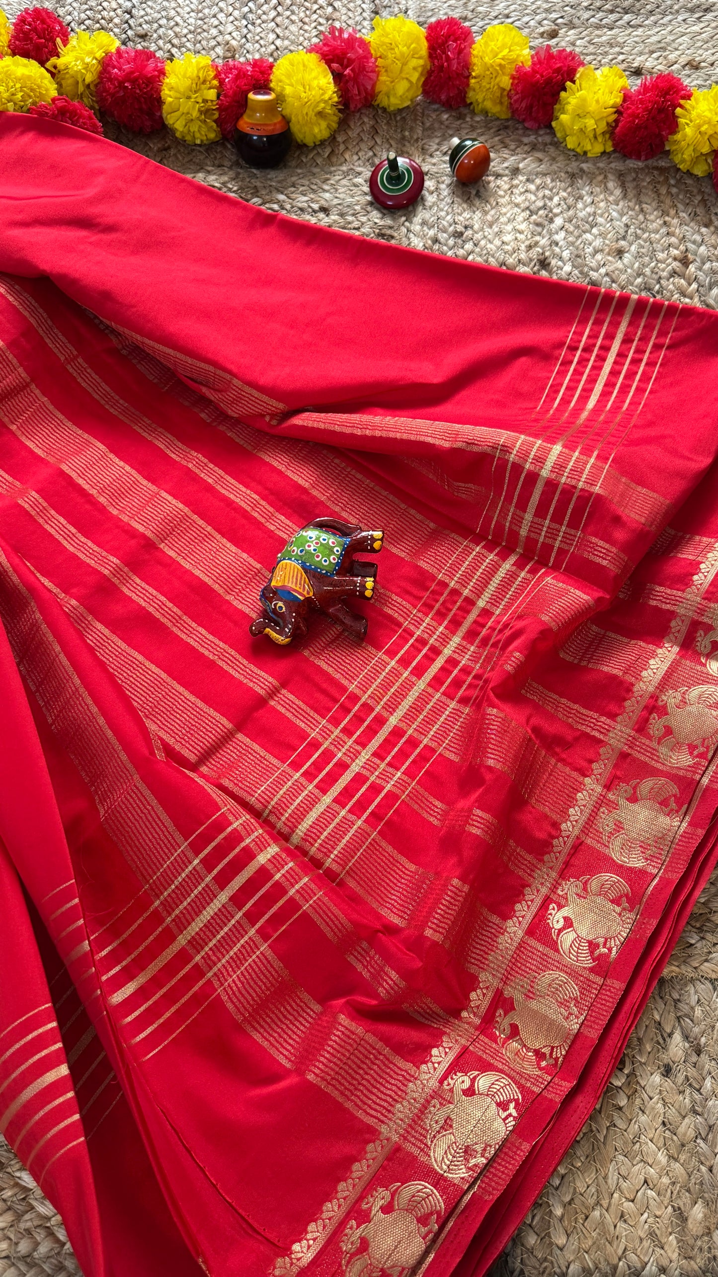 Semi Silk Saree - Solid Red with GandaBerunda Boarder