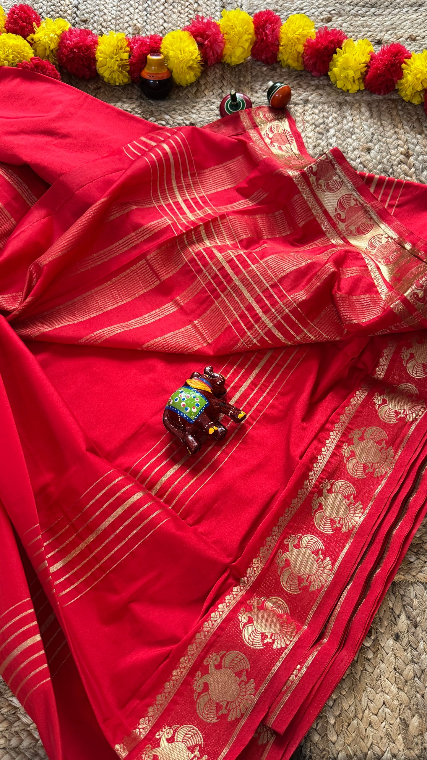 Semi Silk Saree - Solid Red with GandaBerunda Boarder