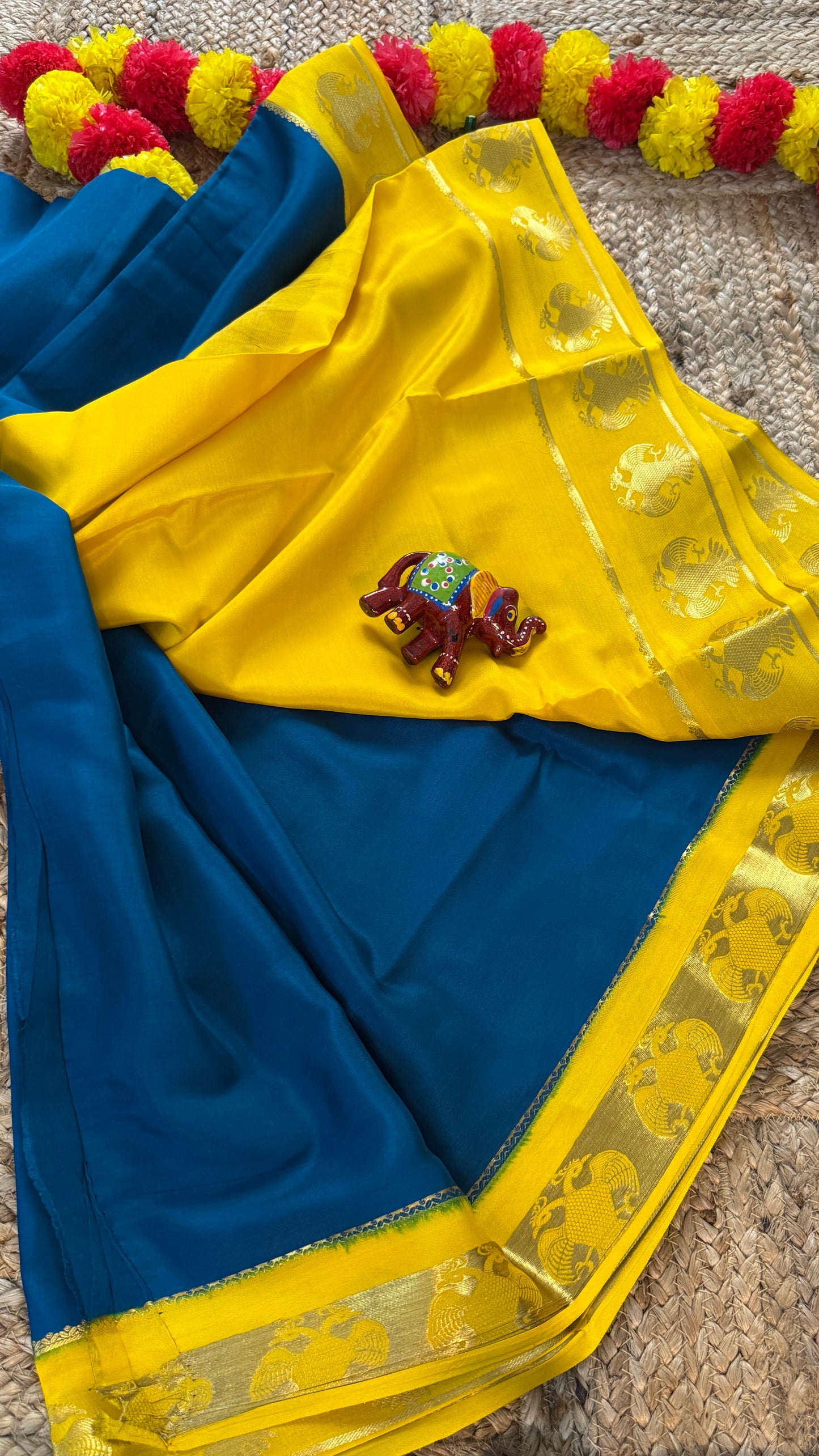 Pure Mysore Silk Saree - GandaBerunda Boarder Blue Yellow