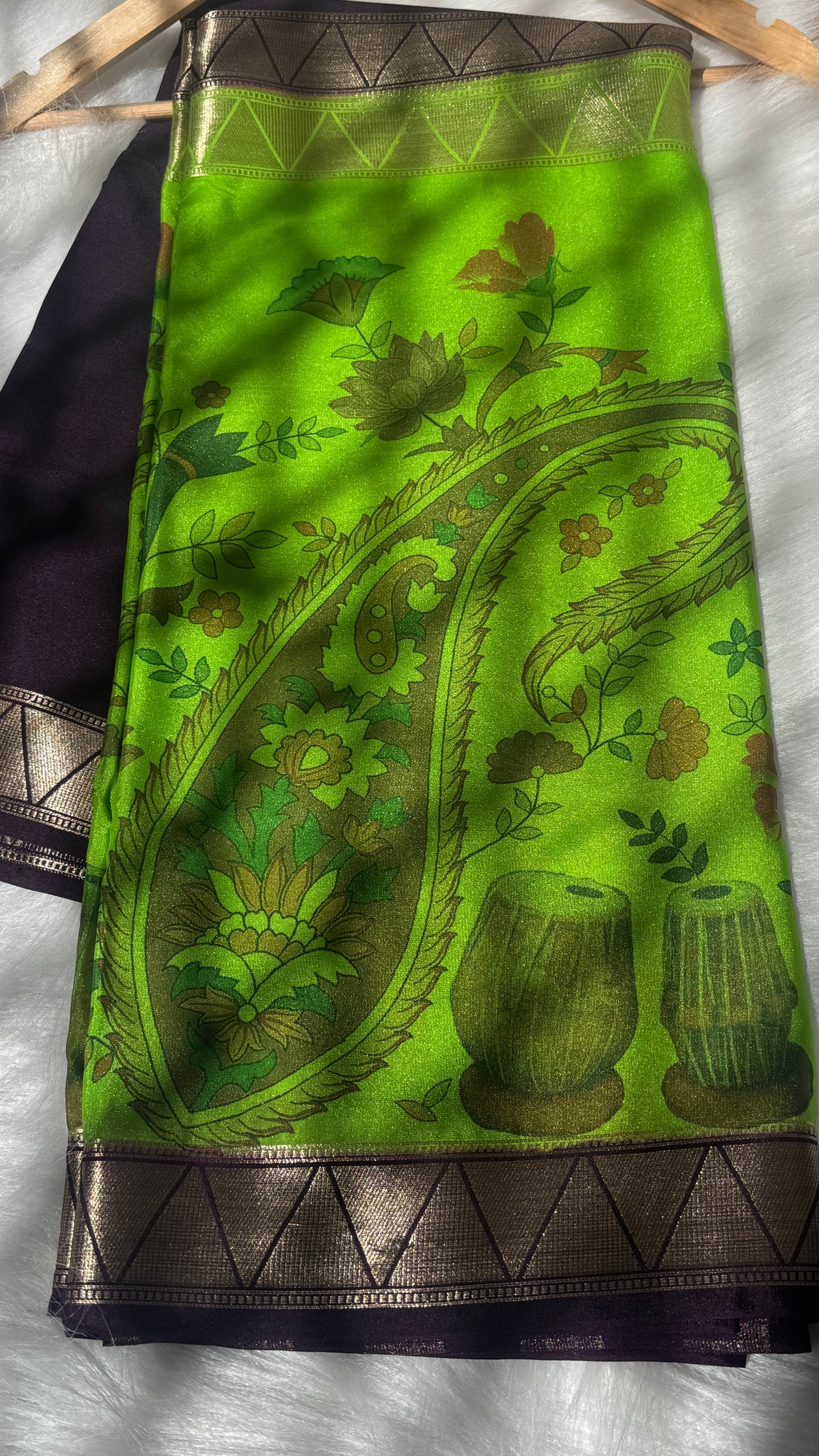 Kalamakari Purple & Neon Green Silk Saree