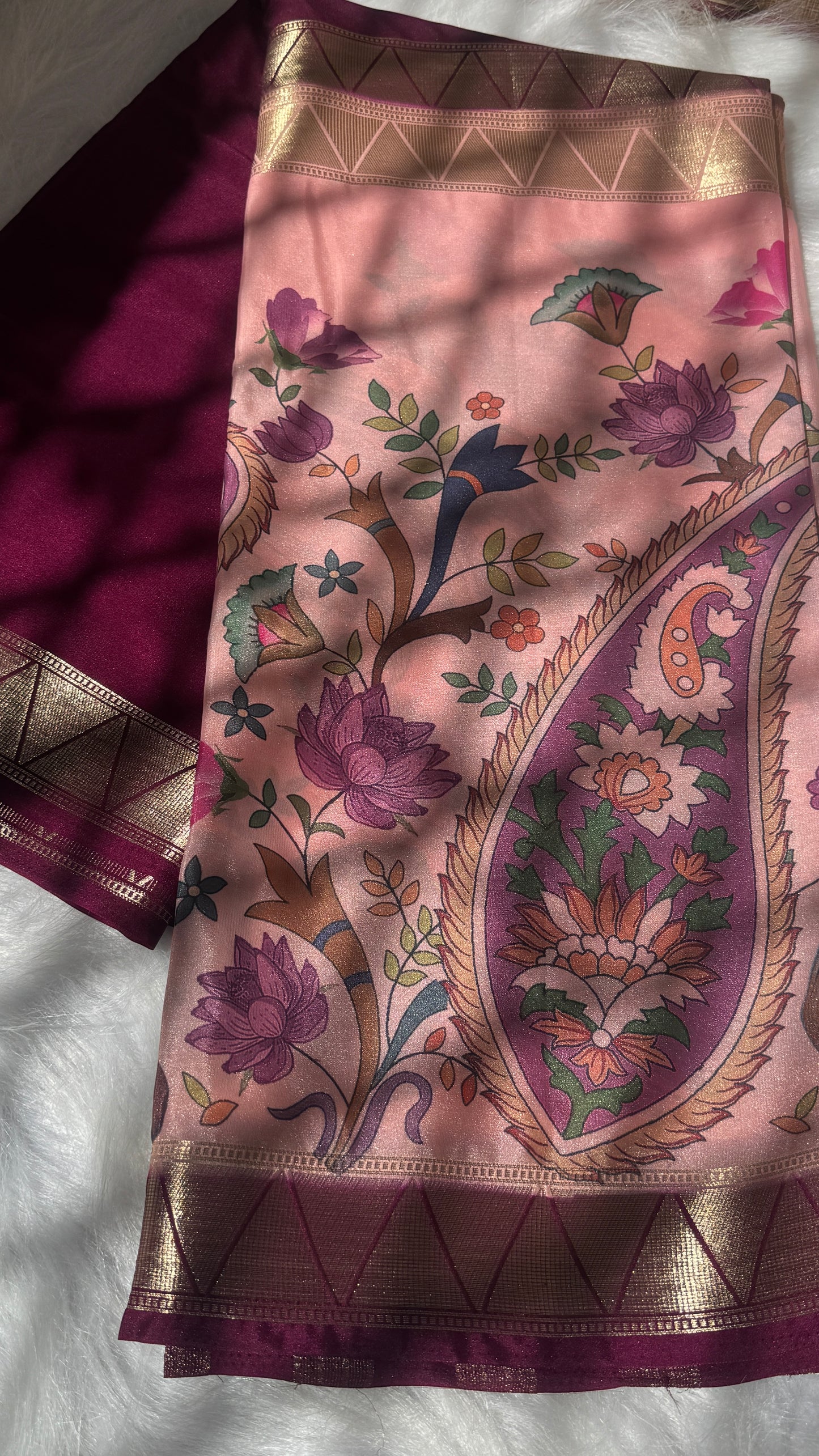 Kalamakari Wine & Baby Pink Silk Saree