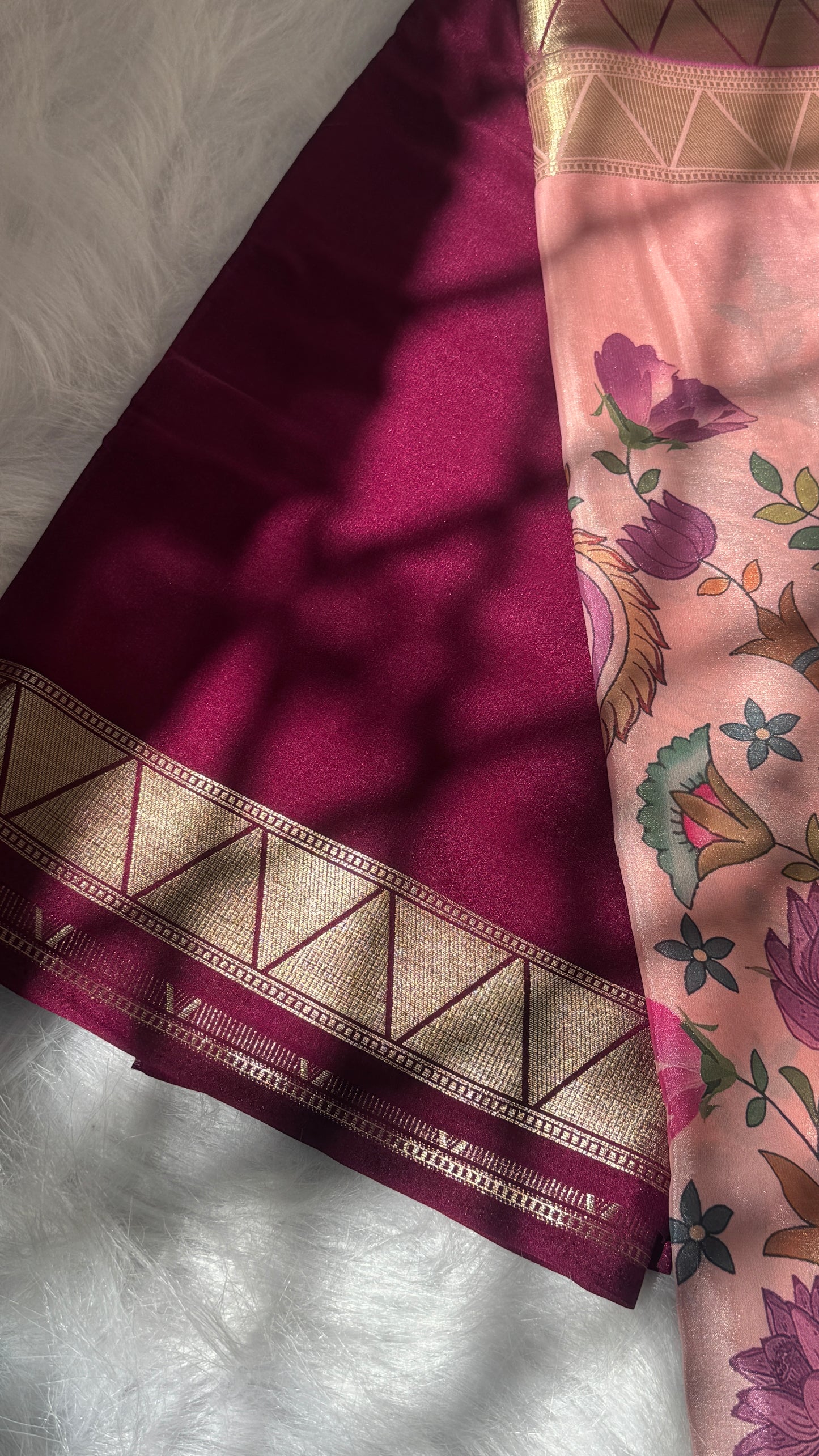 Kalamakari Wine & Baby Pink Silk Saree