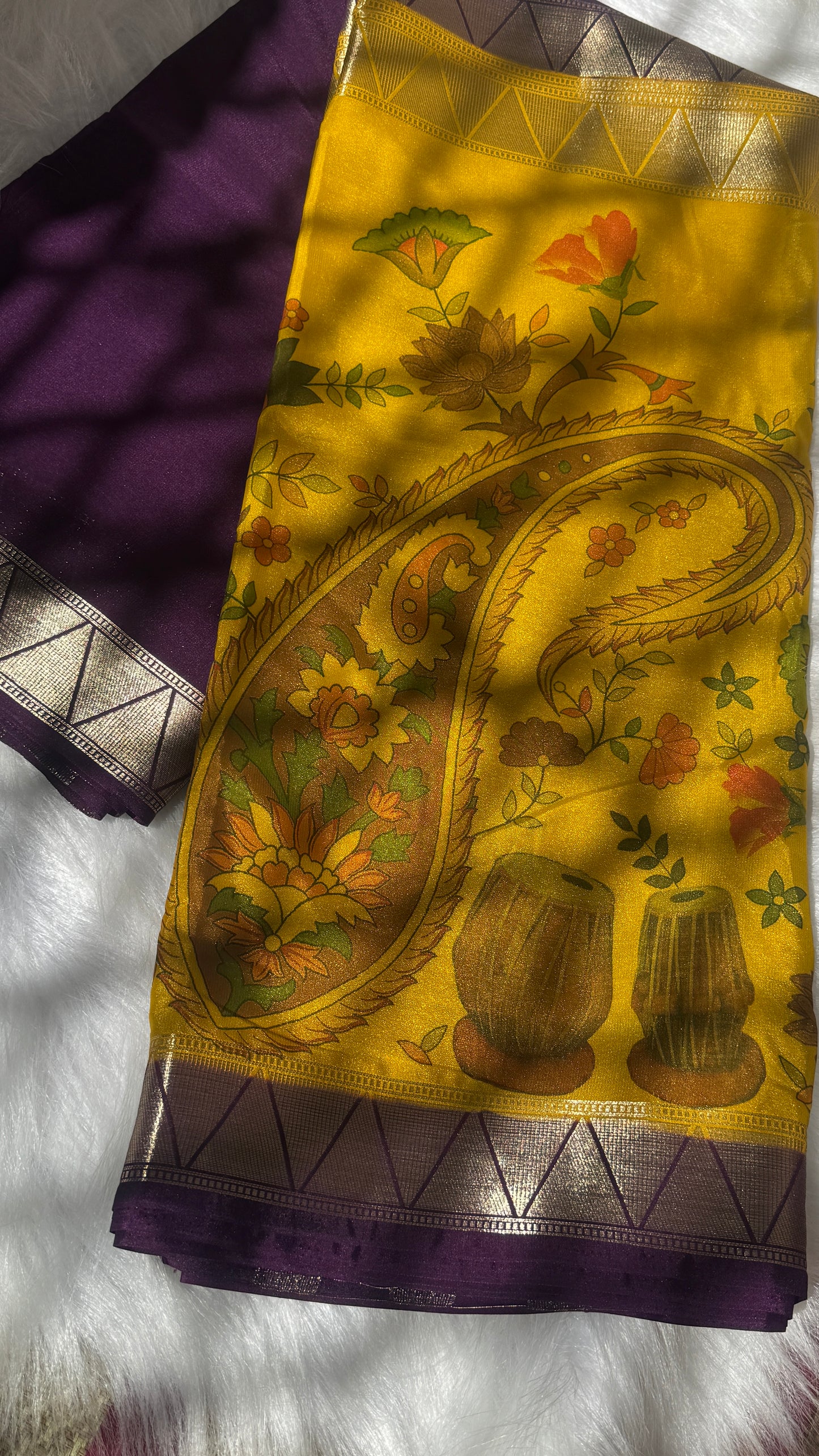 Kalamakari Purple + Mustard Crepe Silk Saree