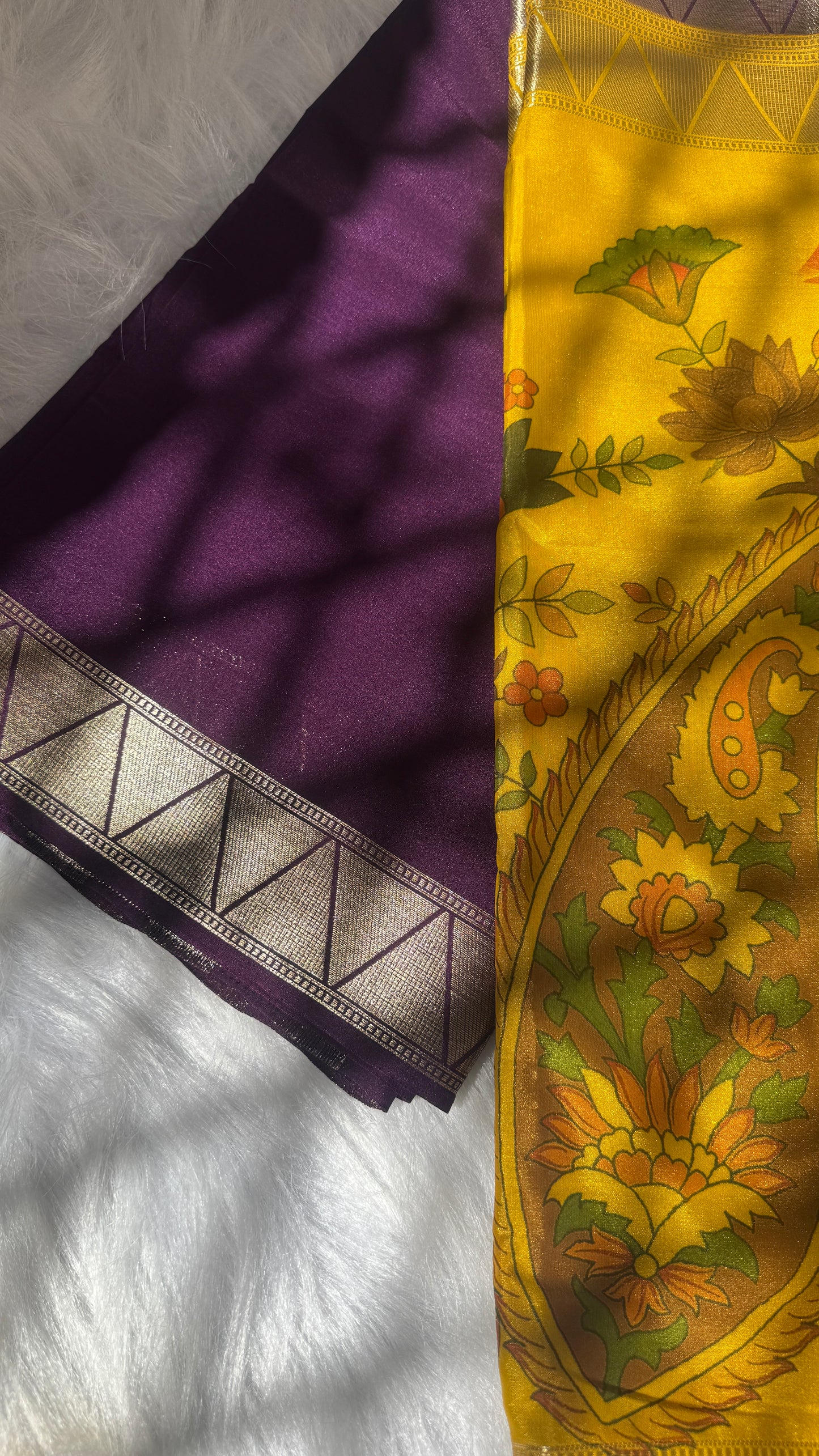 Kalamakari Purple + Mustard Crepe Silk Saree