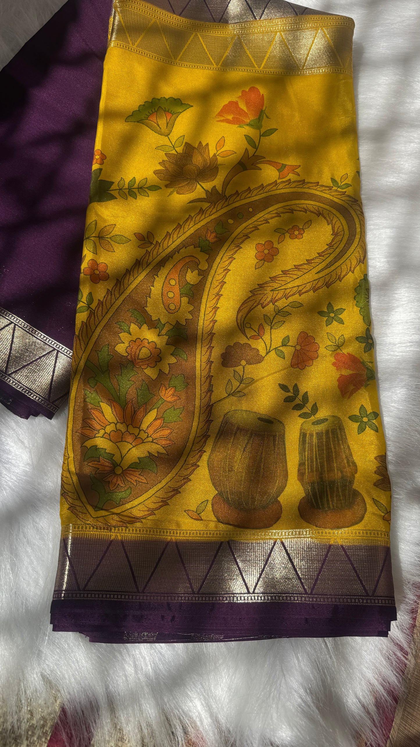 Kalamakari Purple + Mustard Crepe Silk Saree