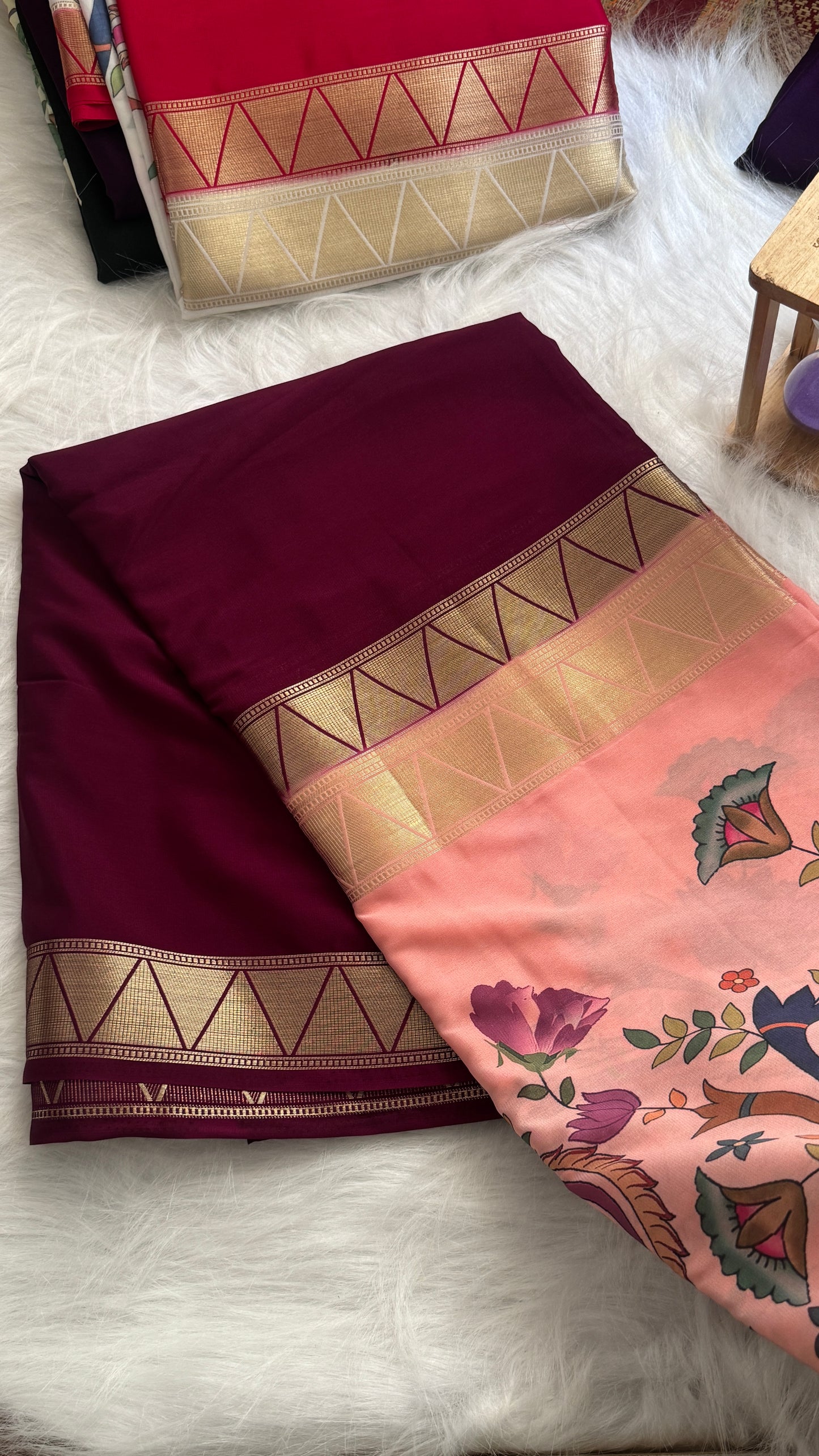 Kalamakari Wine & Baby Pink Silk Saree