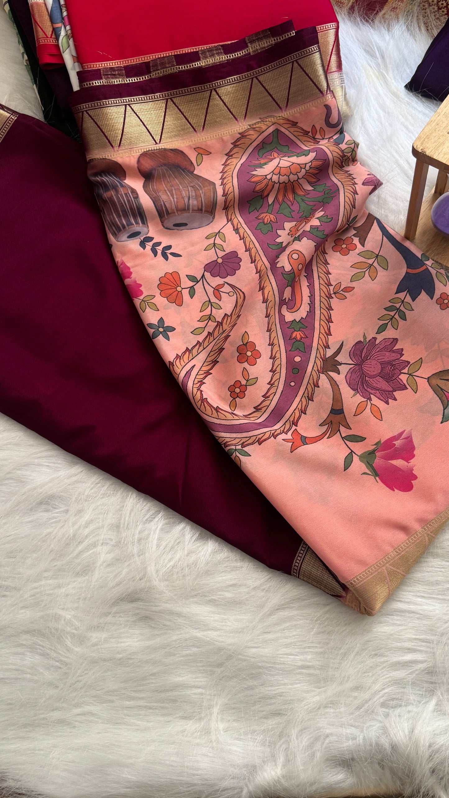 Kalamakari Wine & Baby Pink Silk Saree