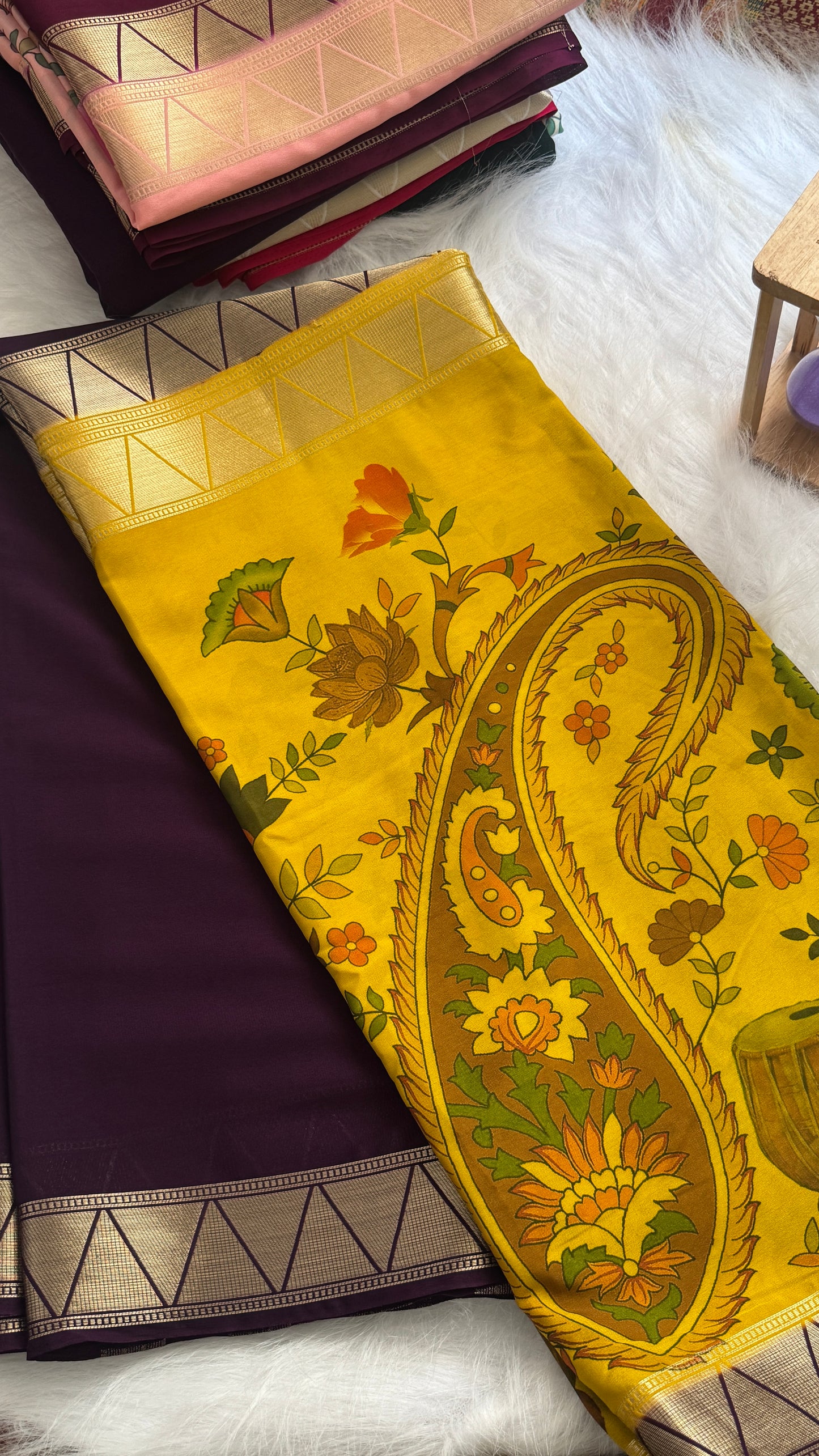 Kalamakari Purple + Mustard Crepe Silk Saree