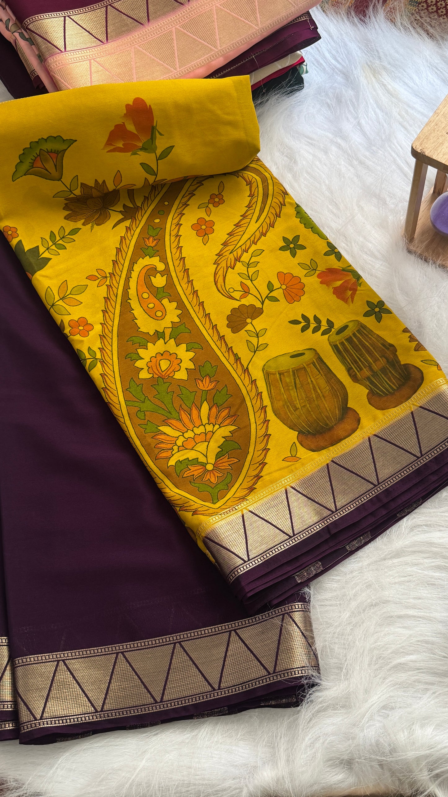 Kalamakari Purple + Mustard Crepe Silk Saree