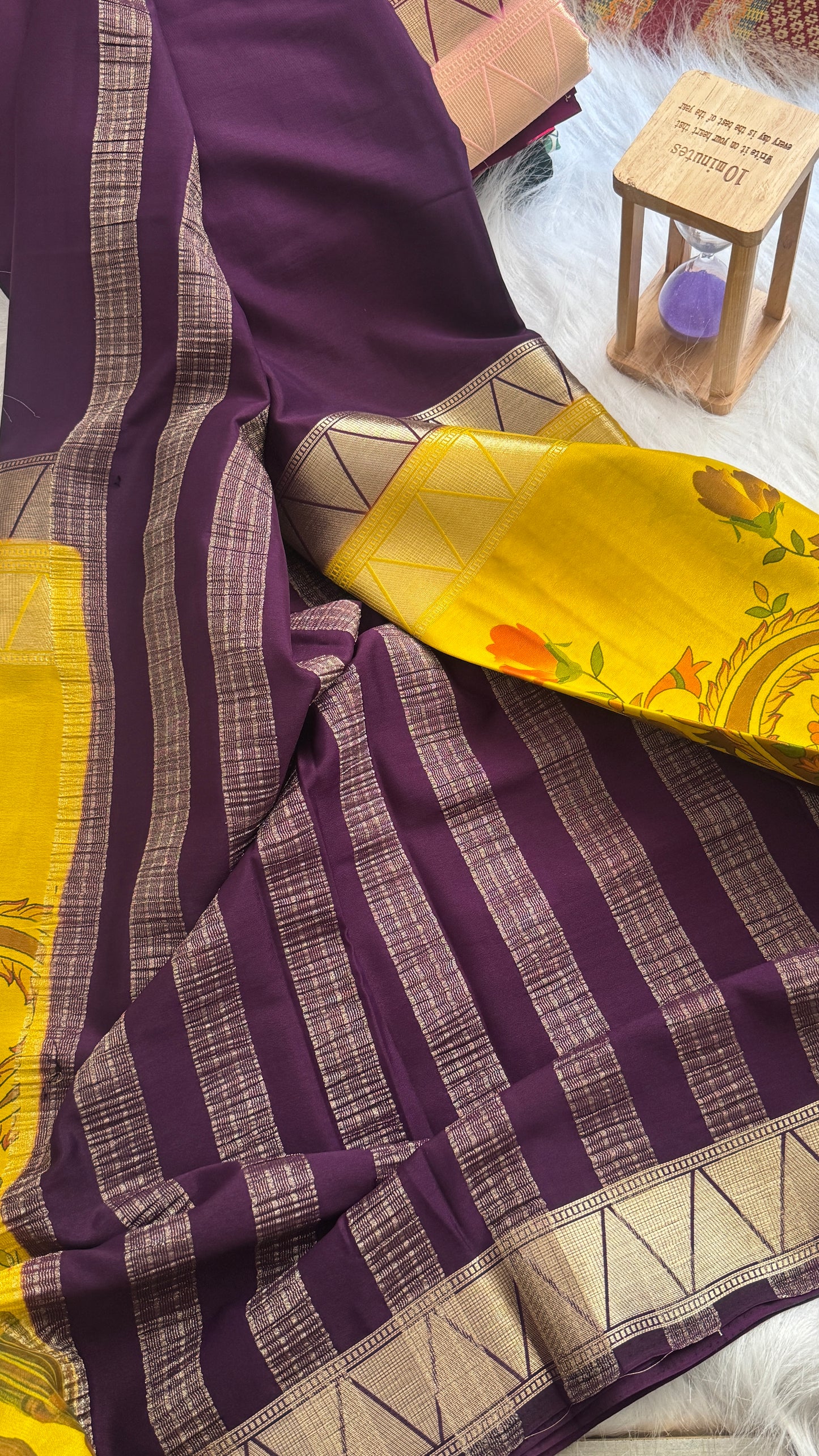 Kalamakari Purple + Mustard Crepe Silk Saree