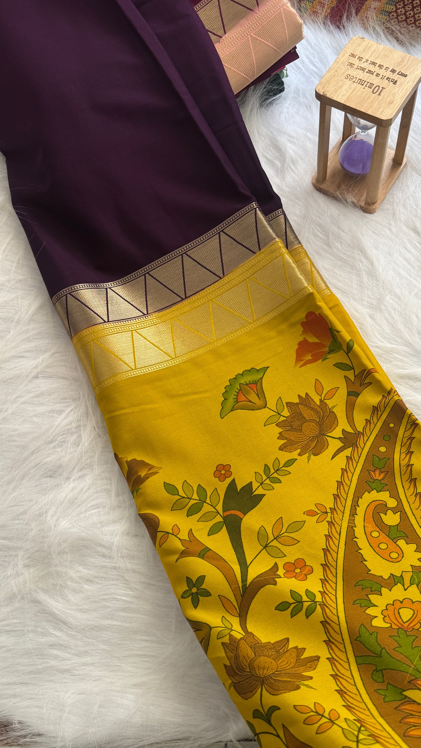 Kalamakari Purple + Mustard Crepe Silk Saree