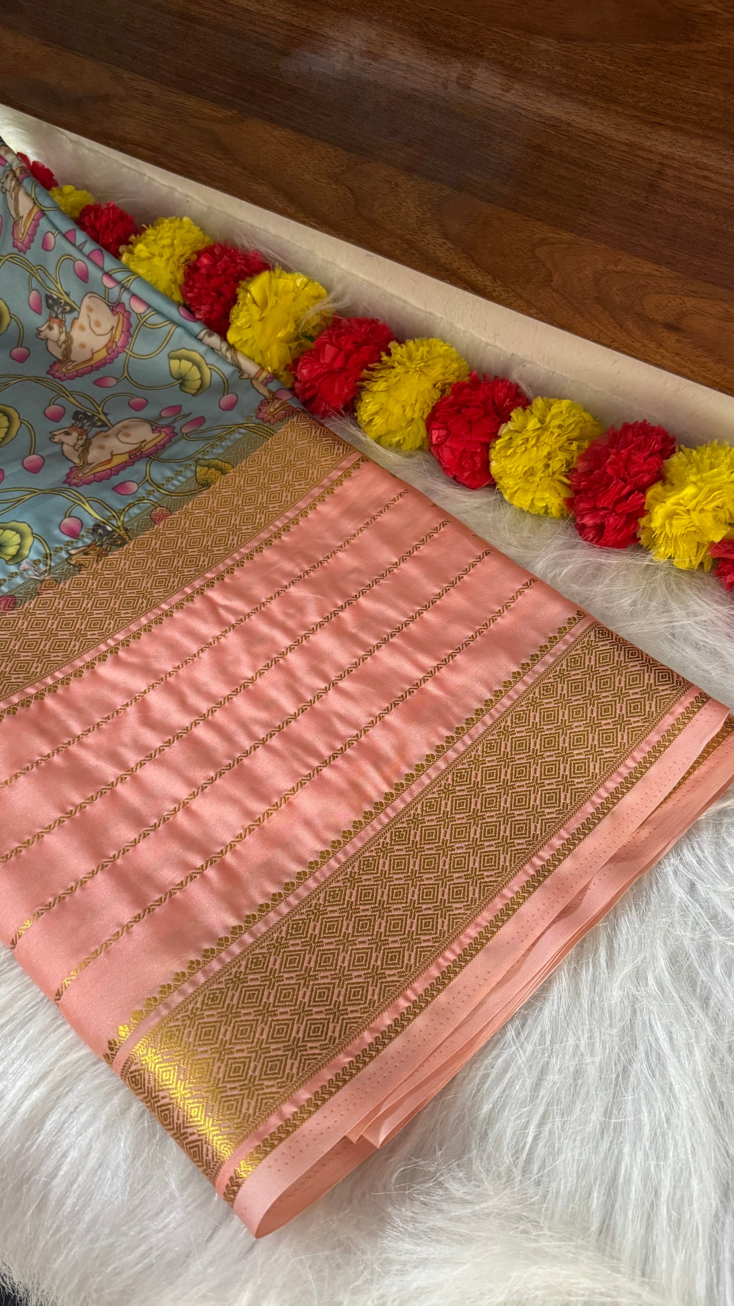 Pastels Digital Printed Saree - Peach + Blue