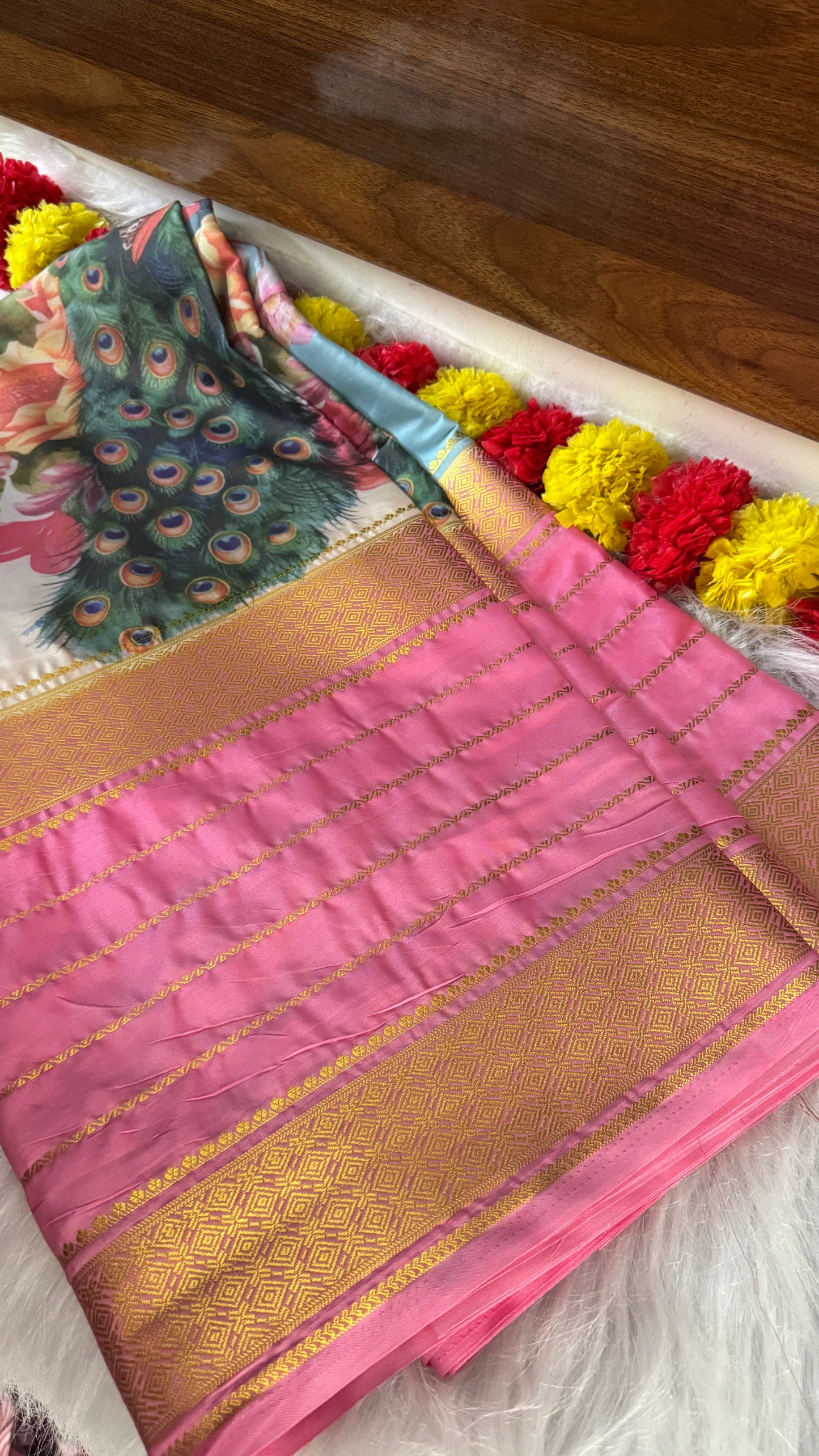 Pastels Digital Printed Saree - Peach + Blue