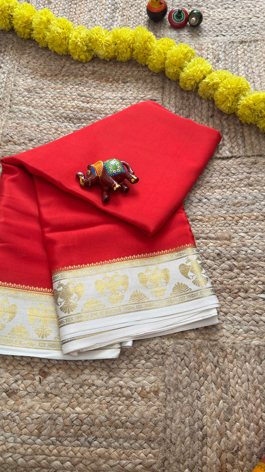 Pure Mysore Silk Saree - GandaBerunda Boarder Red and White
