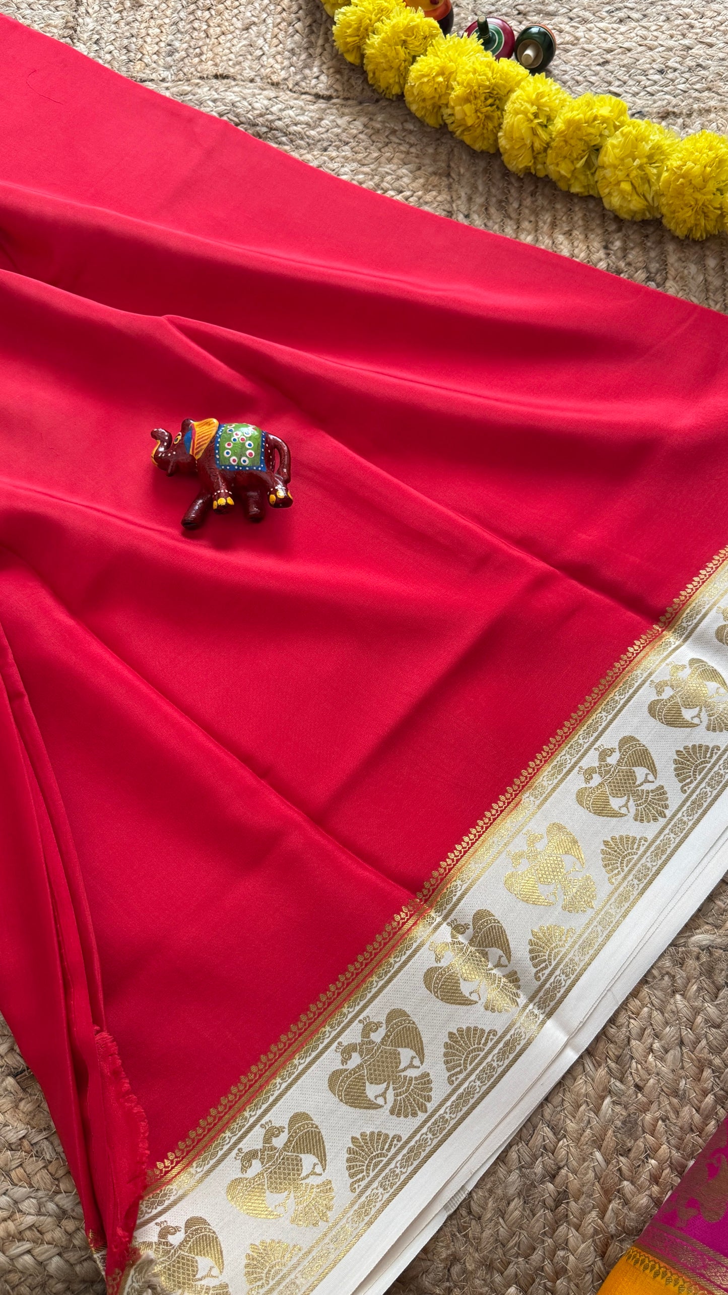 Pure Mysore Silk Saree - GandaBerunda Boarder Red and White