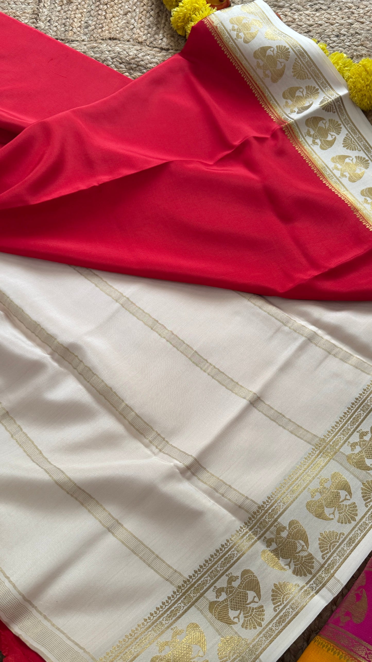 Pure Mysore Silk Saree - GandaBerunda Boarder Red and White