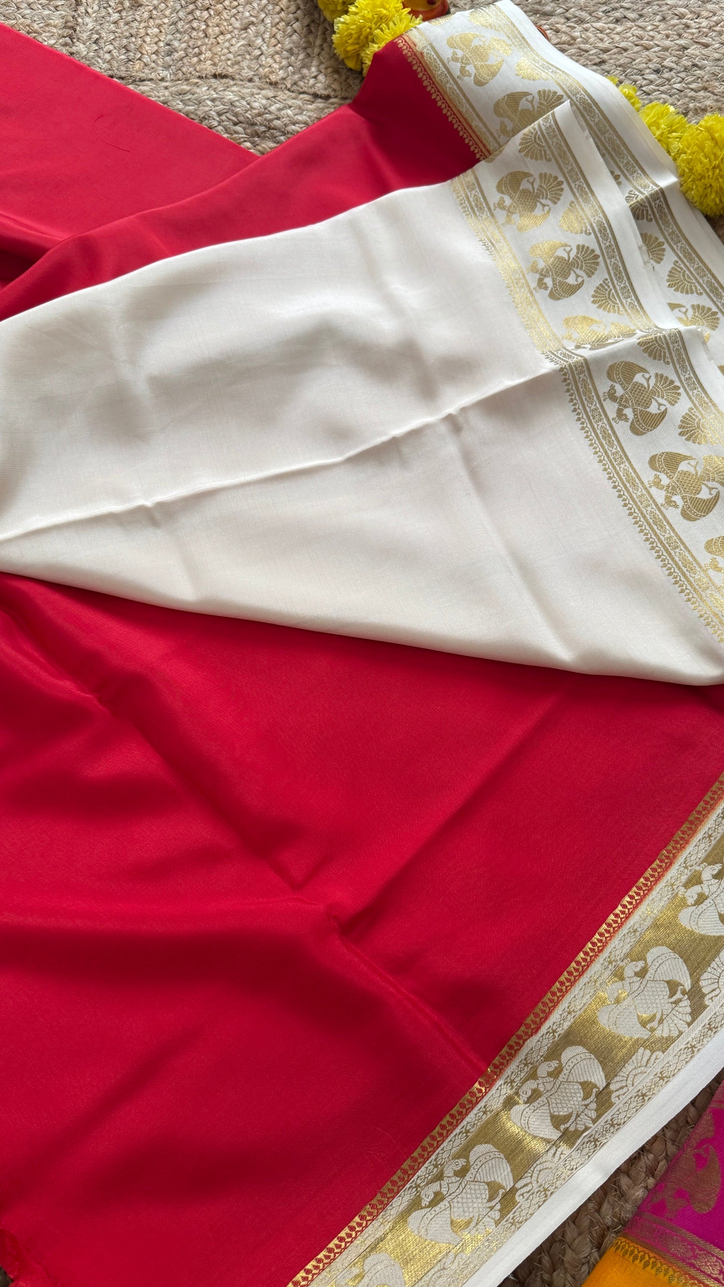 Pure Mysore Silk Saree - GandaBerunda Boarder Red and White