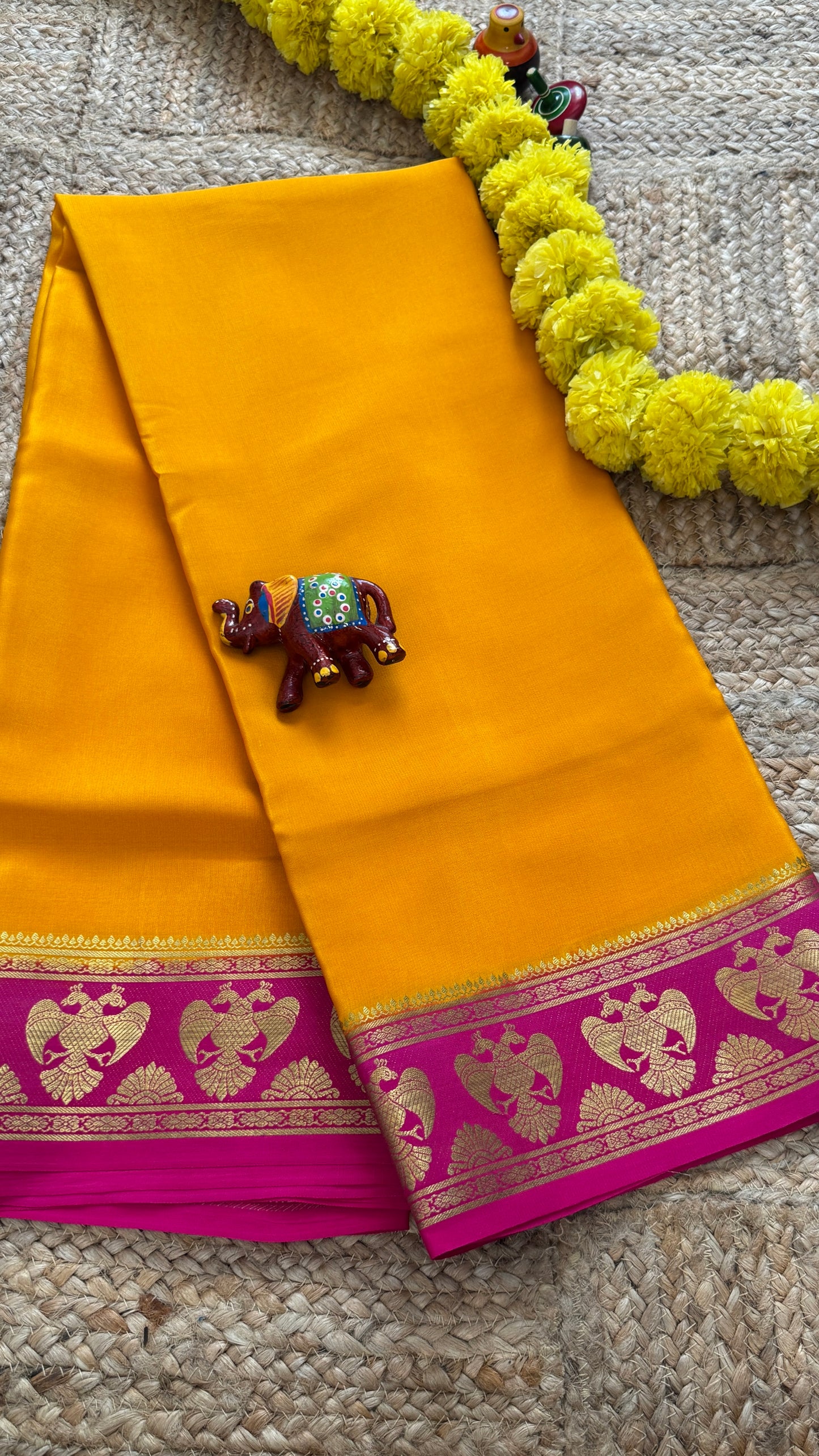 Pure Mysore Silk Saree - GandaBerunda Boarder Mustard Yellow Pink