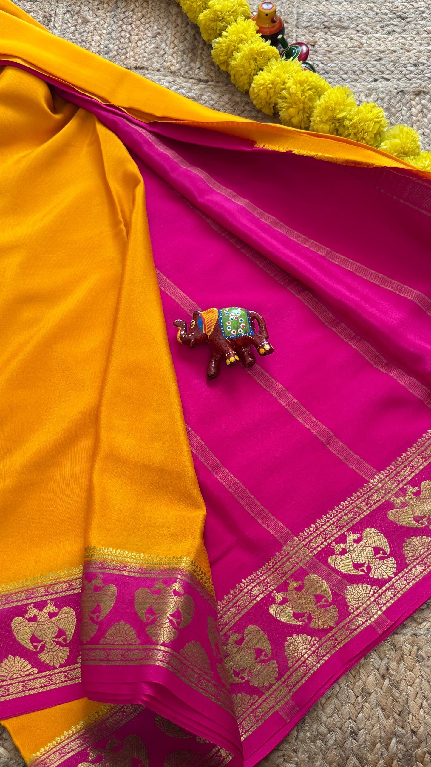 Pure Mysore Silk Saree - GandaBerunda Boarder Mustard Yellow Pink