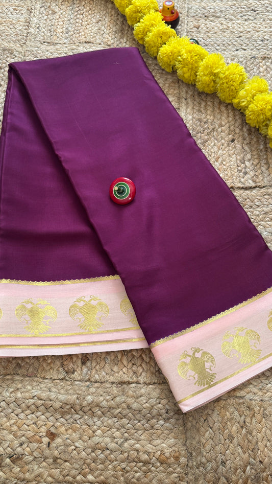 Pure Mysore Silk Saree - GandaBerunda Boarder Purple & Baby Pink