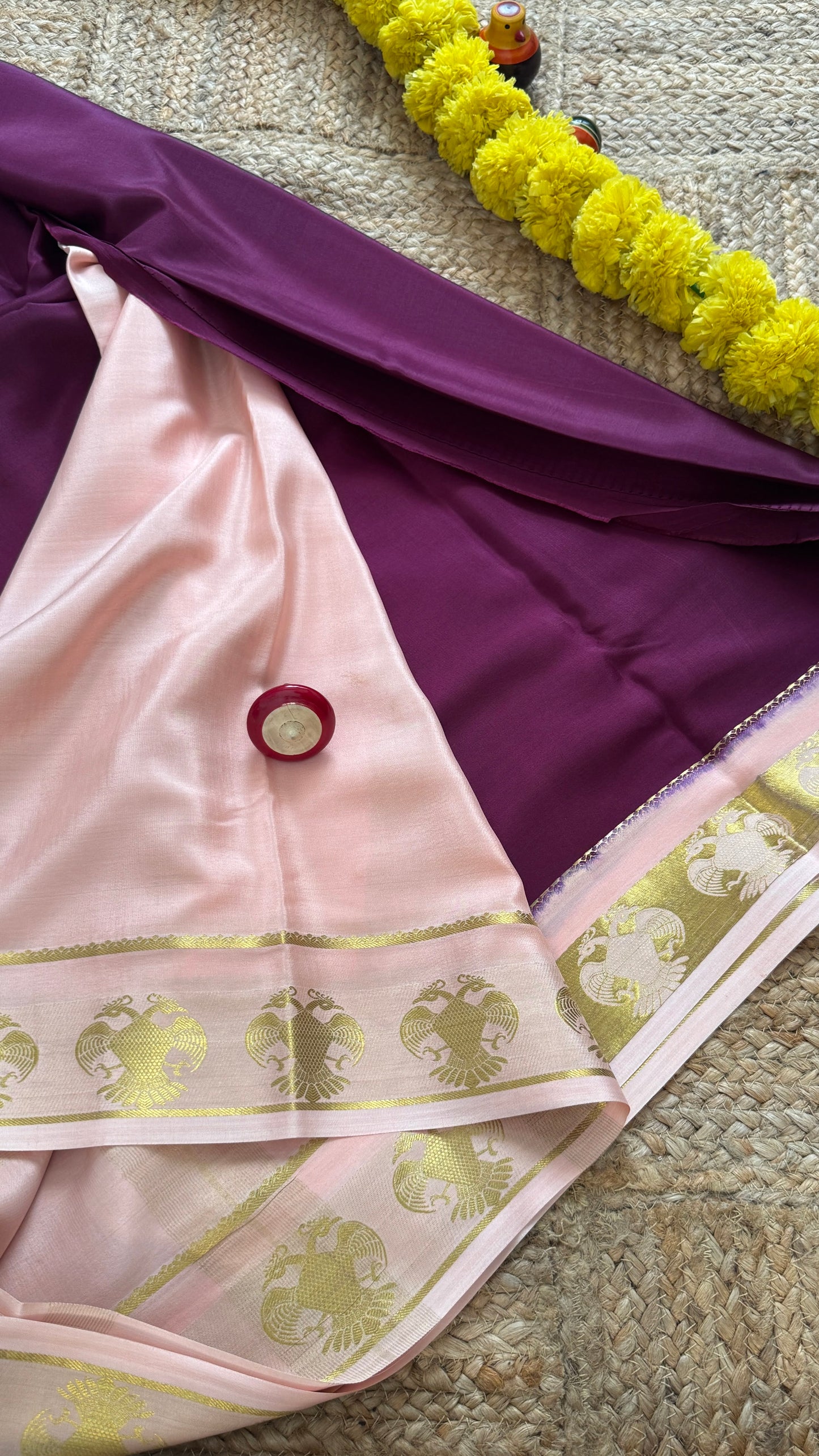 Pure Mysore Silk Saree - GandaBerunda Boarder Purple & Baby Pink