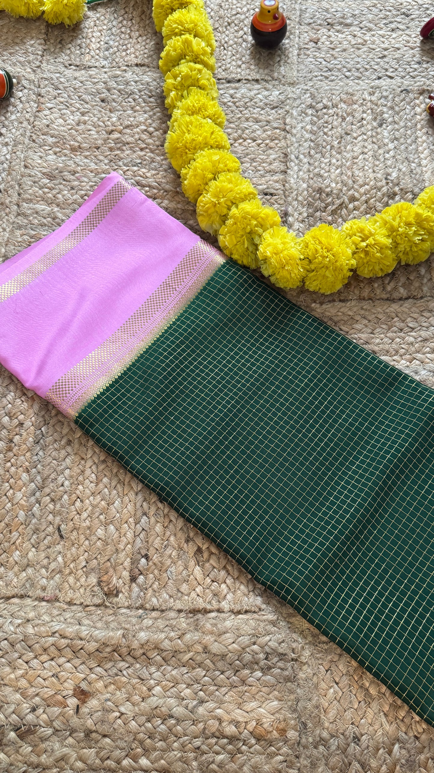 Pure Mysore Silk Sarees - Bespoke Drapes - Green and Baby Pink