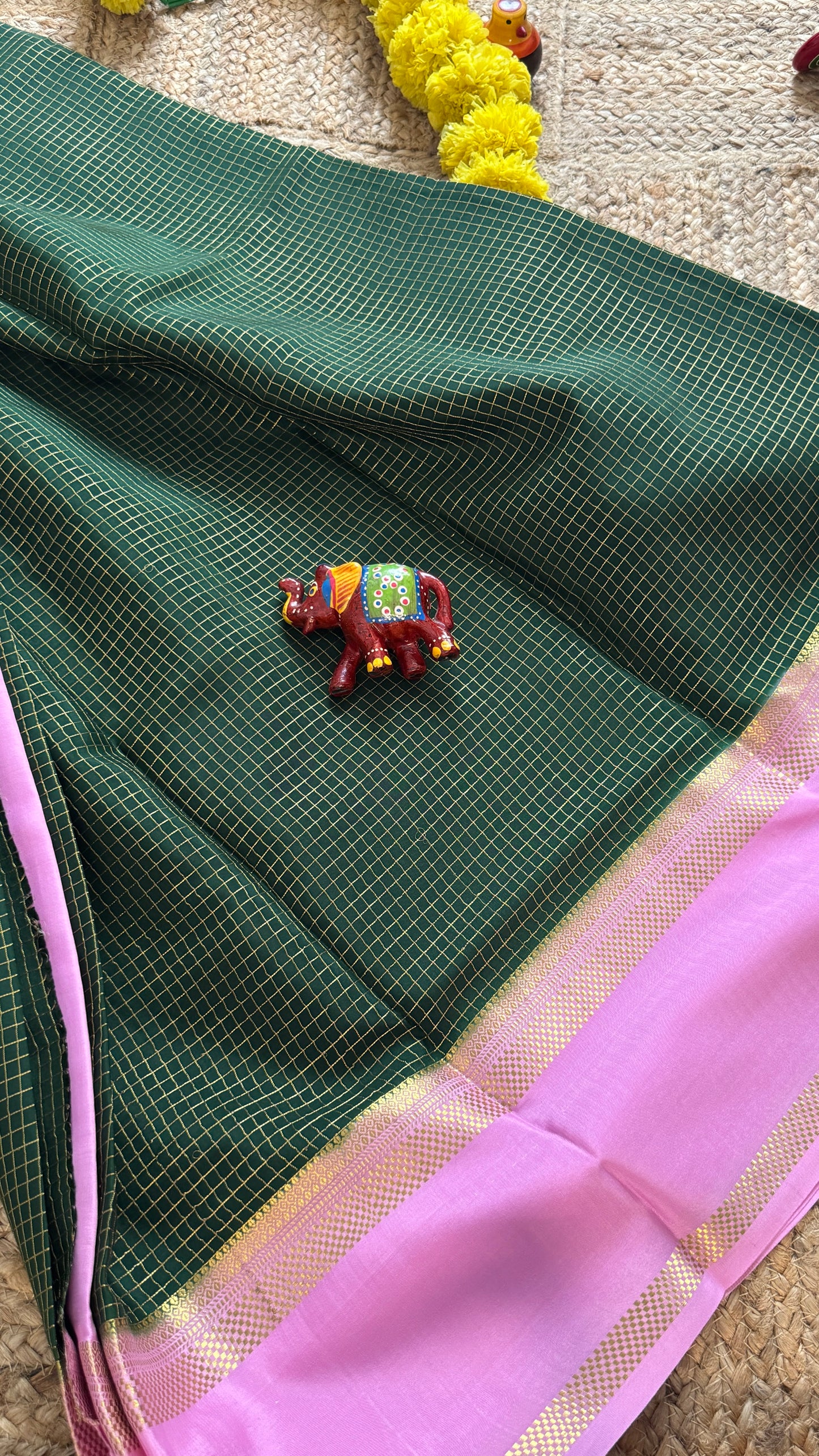 Pure Mysore Silk Sarees - Bespoke Drapes - Green and Baby Pink